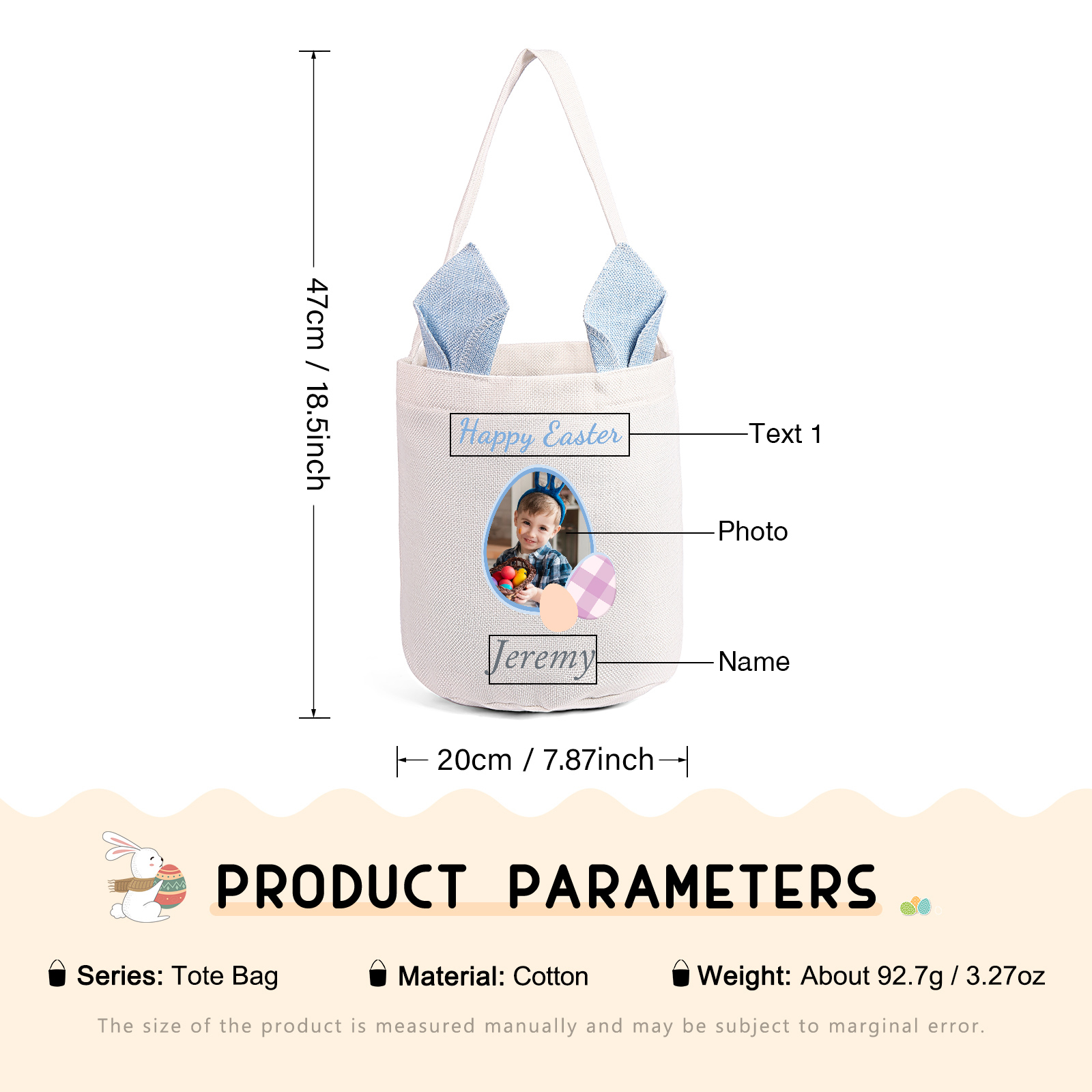 Personalized Easter Tote Bag – Custom Name Bunny Bag – Reusable Linen Basket for Kids – Easter Egg Hunt Bag – Available in 3 Colors