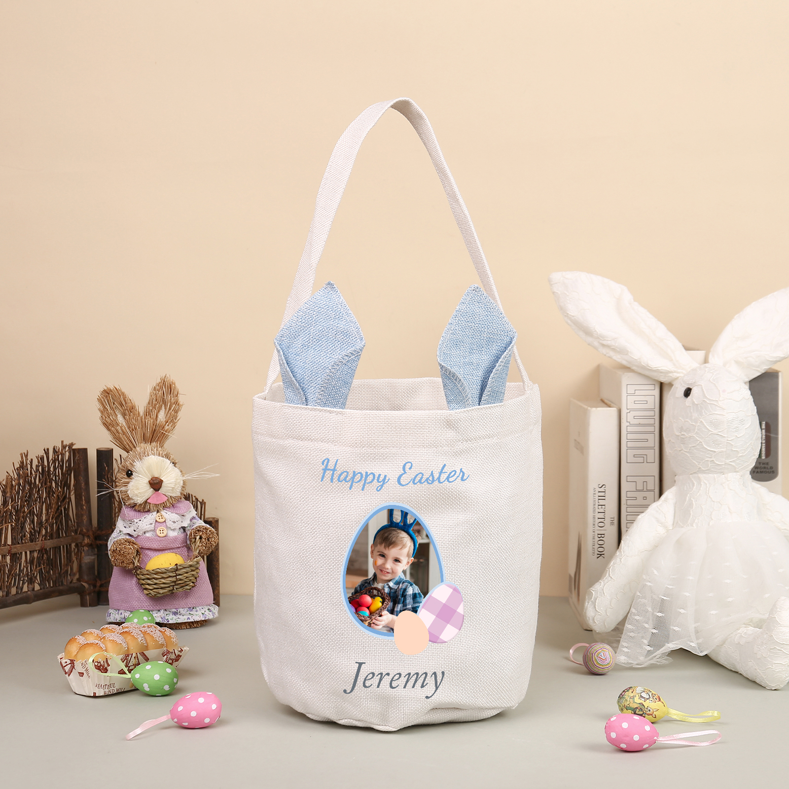 Personalized Easter Tote Bag – Custom Name Bunny Bag – Reusable Linen Basket for Kids – Easter Egg Hunt Bag – Available in 3 Colors