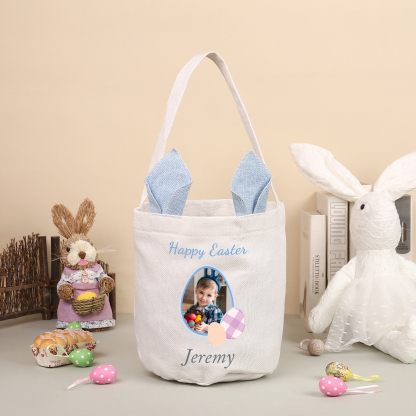 Personalized Easter Tote Bag – Custom Name Bunny Bag – Reusable Linen Basket for Kids – Easter Egg Hunt Bag – Available in 3 Colors