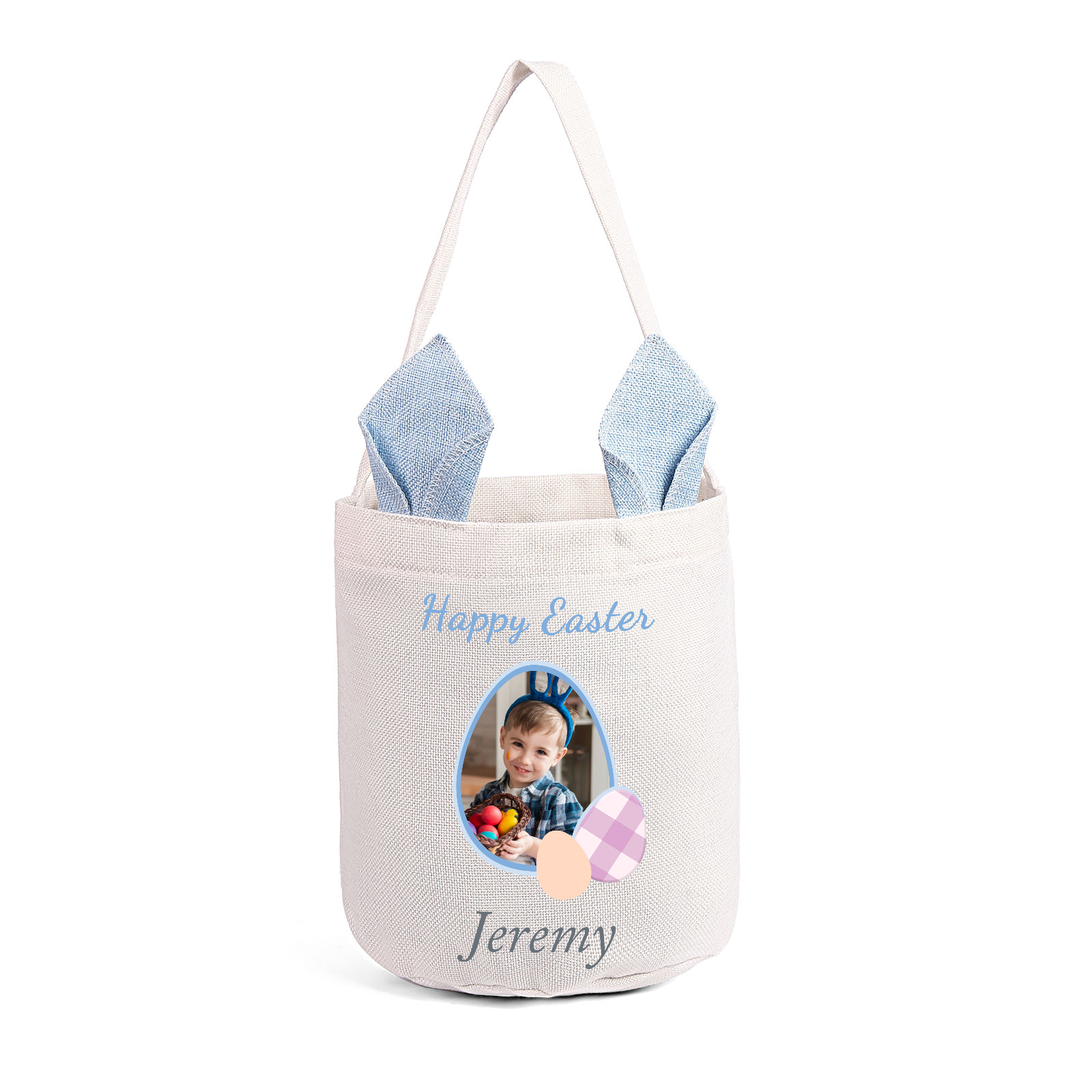 Personalized Easter Tote Bag – Custom Name Bunny Bag – Reusable Linen Basket for Kids – Easter Egg Hunt Bag – Available in 3 Colors