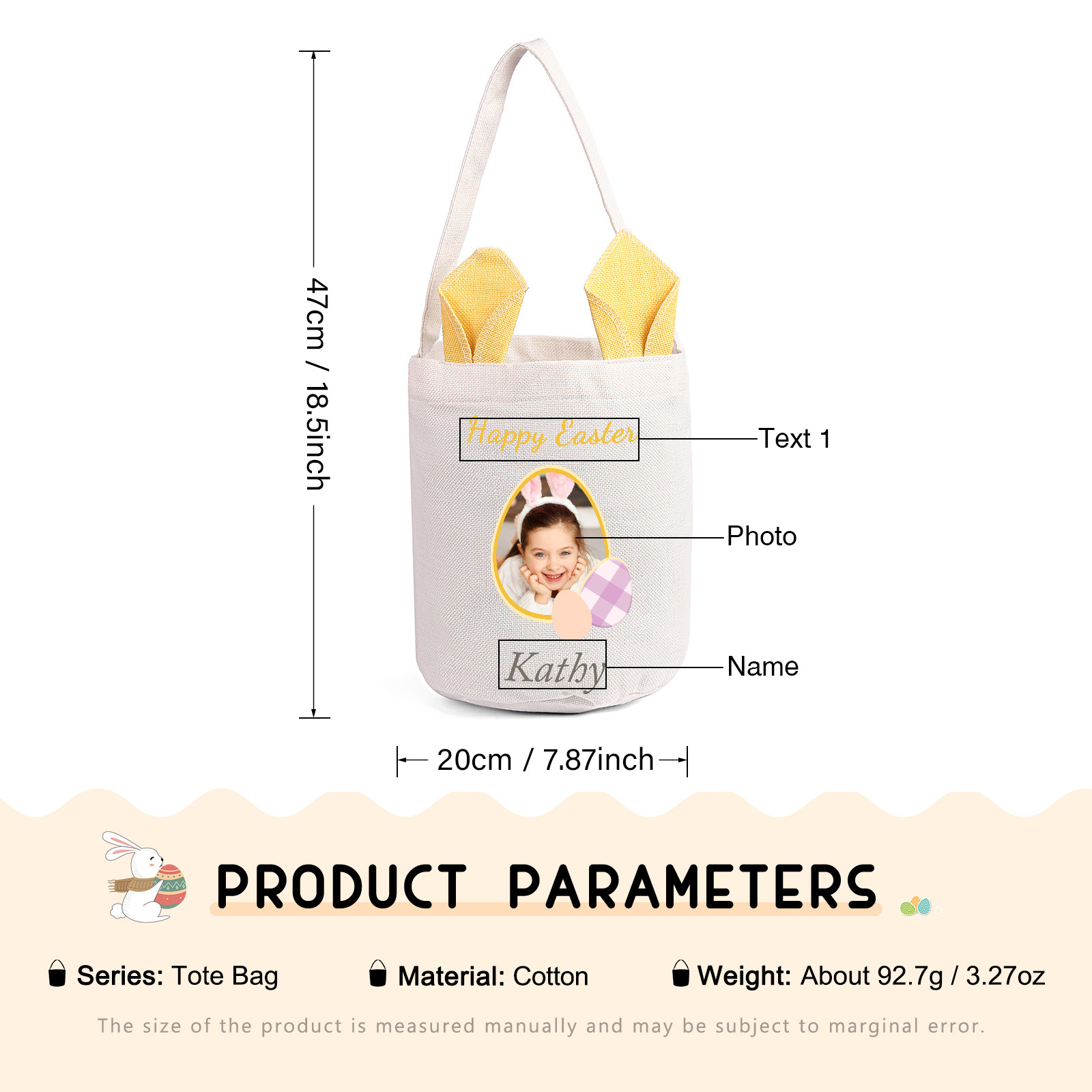 Personalized Easter Tote Bag – Custom Name Bunny Bag – Reusable Linen Basket for Kids – Easter Egg Hunt Bag – Available in 3 Colors