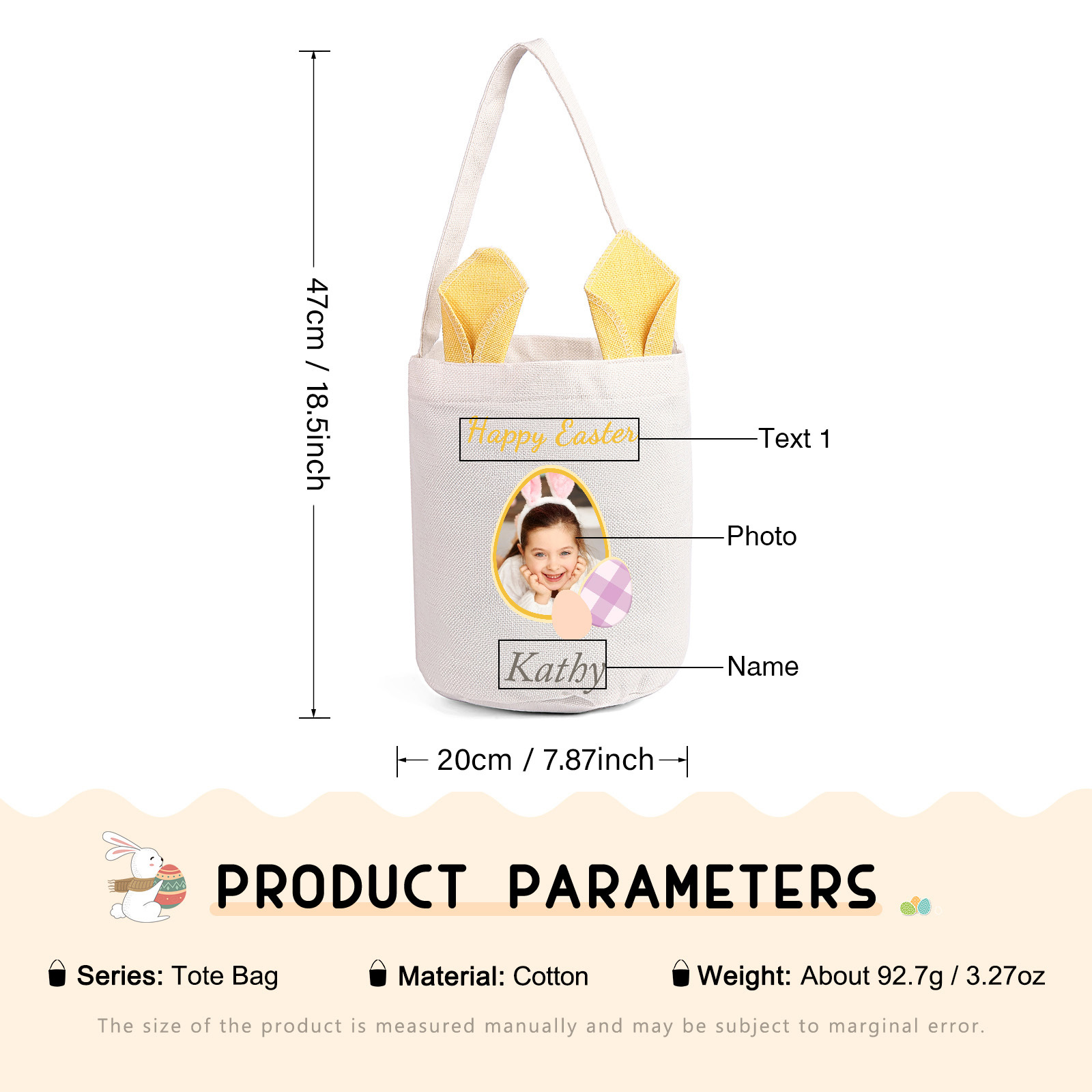 Personalized Easter Tote Bag – Custom Name Bunny Bag – Reusable Linen Basket for Kids – Easter Egg Hunt Bag – Available in 3 Colors