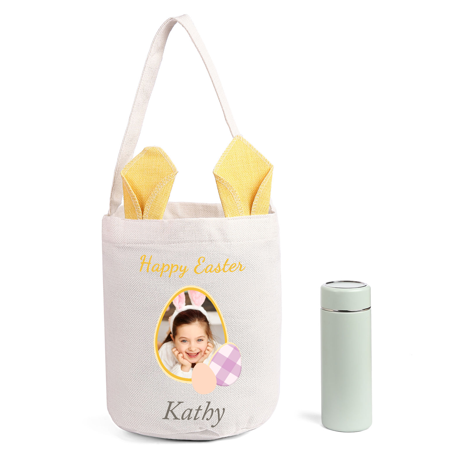 Personalized Easter Tote Bag – Custom Name Bunny Bag – Reusable Linen Basket for Kids – Easter Egg Hunt Bag – Available in 3 Colors