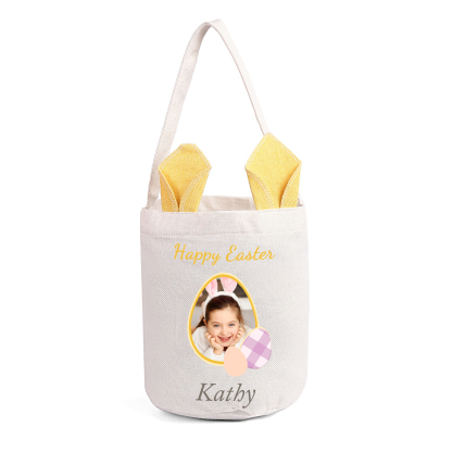Personalized Easter Tote Bag – Custom Name Bunny Bag – Reusable Linen Basket for Kids – Easter Egg Hunt Bag – Available in 3 Colors