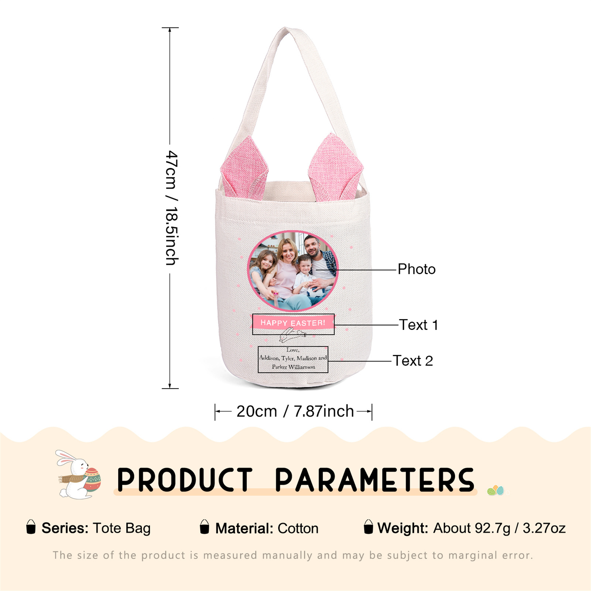 Personalized Photo Easter Tote Bag – Custom Name Bunny Bag – Reusable Linen Basket for Kids – Easter Egg Hunt Bag – Available in 3 Colors