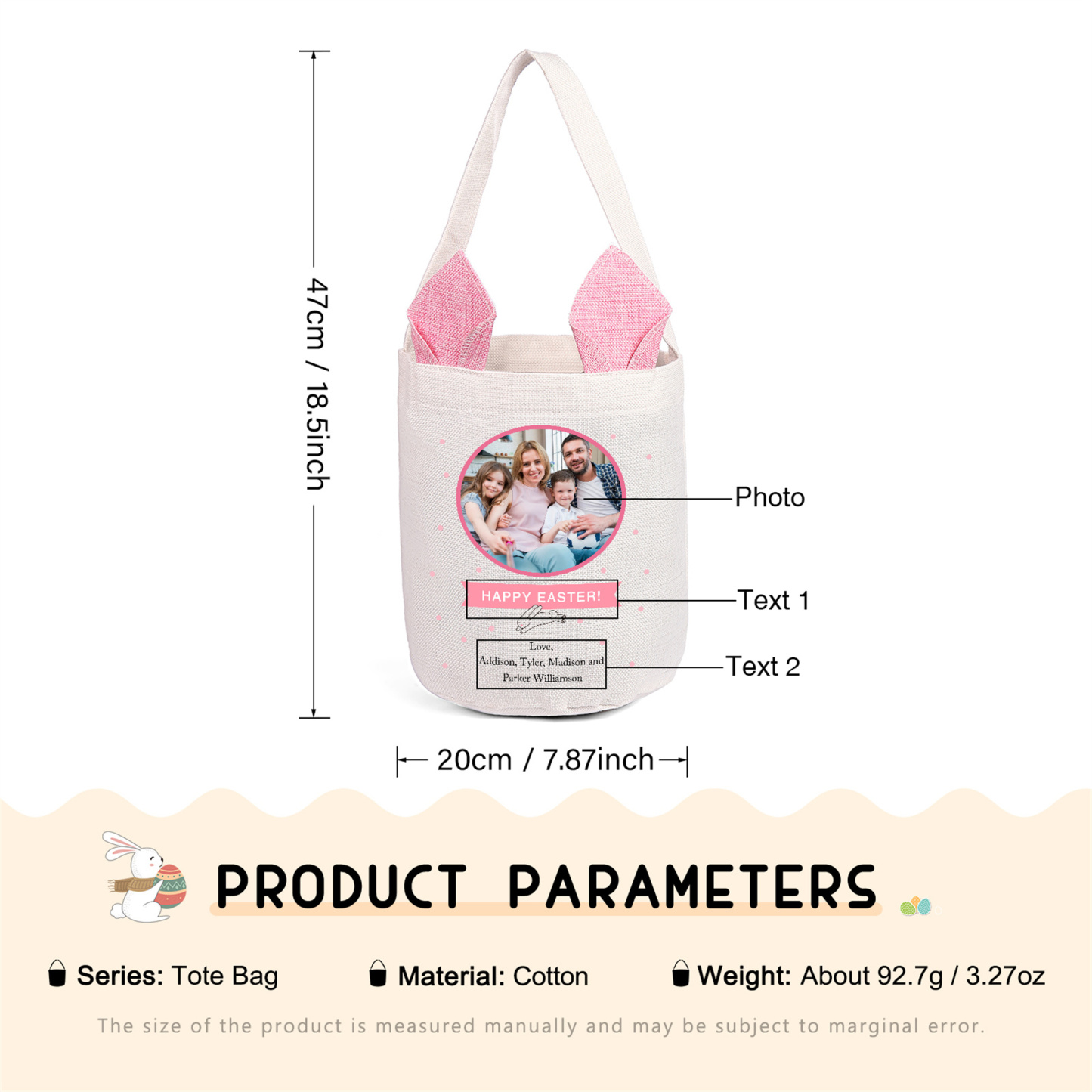 Personalized Photo Easter Tote Bag – Custom Name Bunny Bag – Reusable Linen Basket for Kids – Easter Egg Hunt Bag – Available in 3 Colors