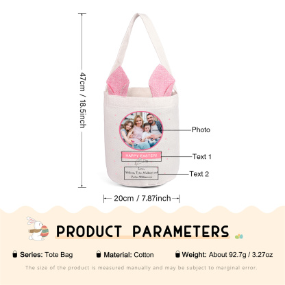 Personalized Photo Easter Tote Bag – Custom Name Bunny Bag – Reusable Linen Basket for Kids – Easter Egg Hunt Bag – Available in 3 Colors