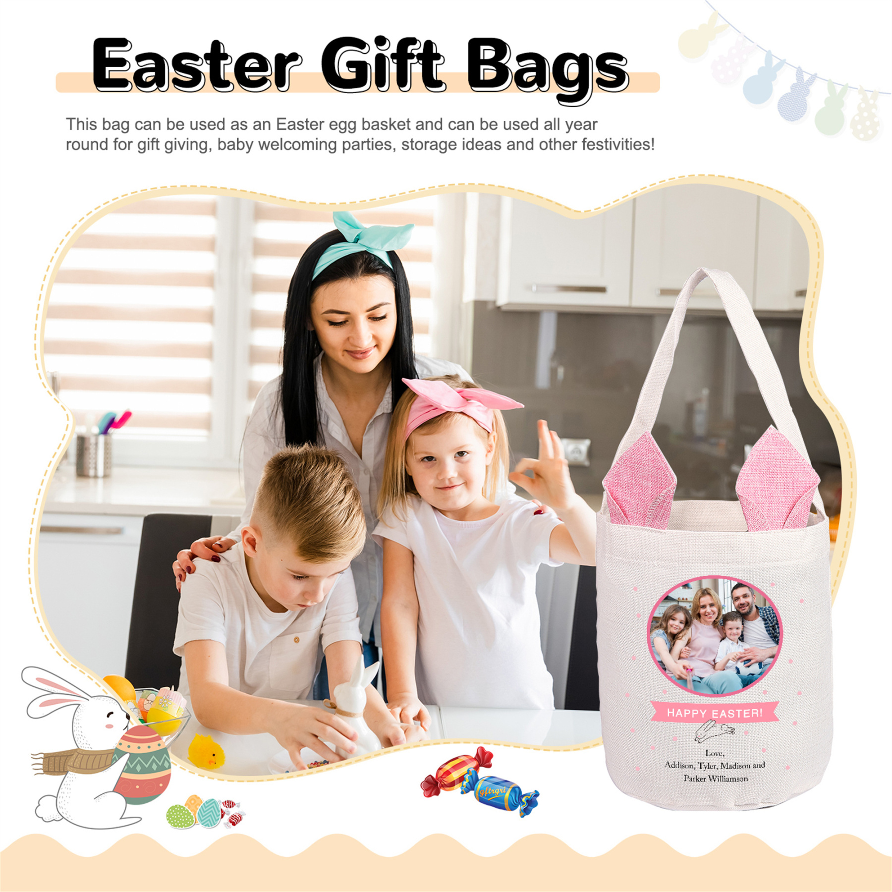 Personalized Photo Easter Tote Bag – Custom Name Bunny Bag – Reusable Linen Basket for Kids – Easter Egg Hunt Bag – Available in 3 Colors