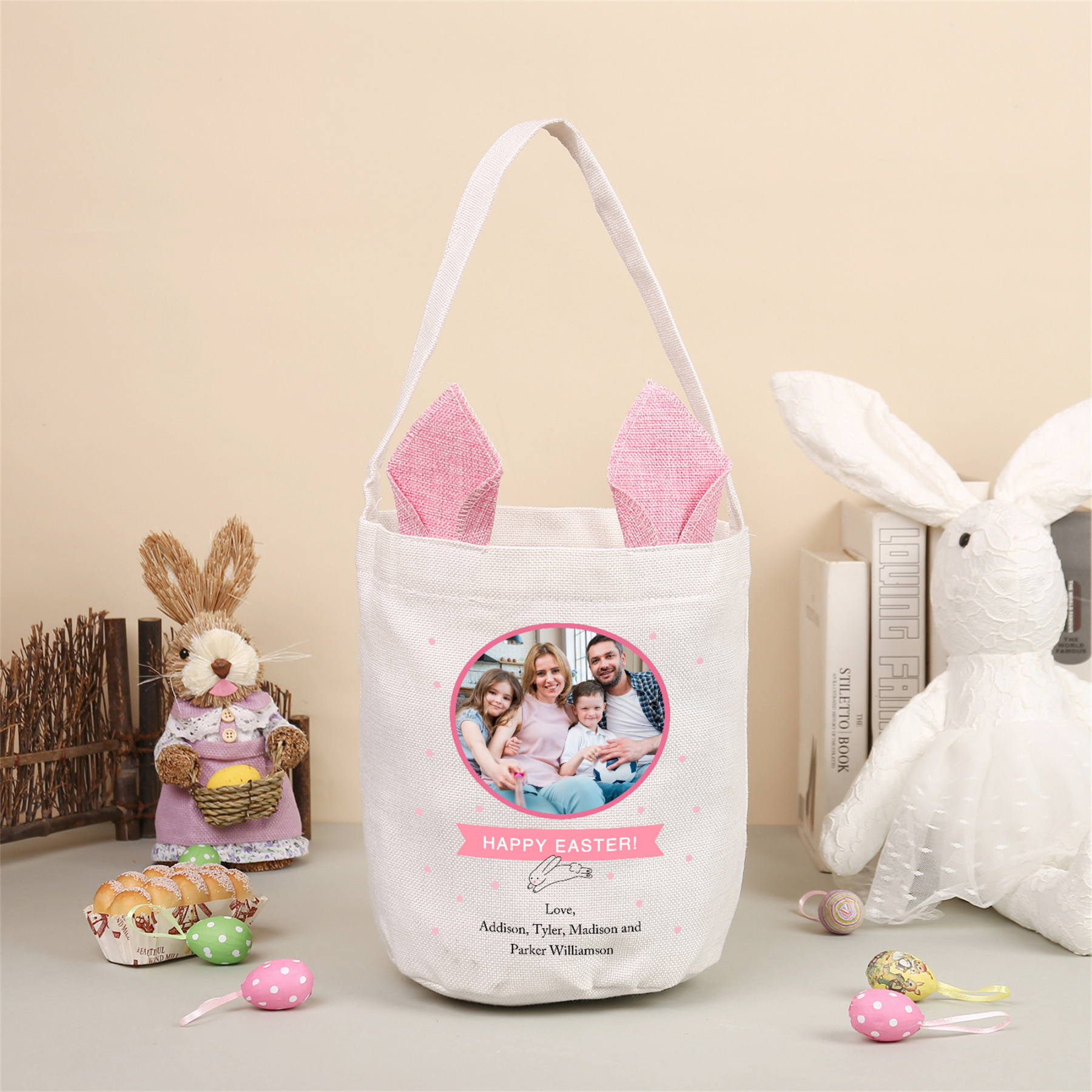 Personalized Photo Easter Tote Bag – Custom Name Bunny Bag – Reusable Linen Basket for Kids – Easter Egg Hunt Bag – Available in 3 Colors