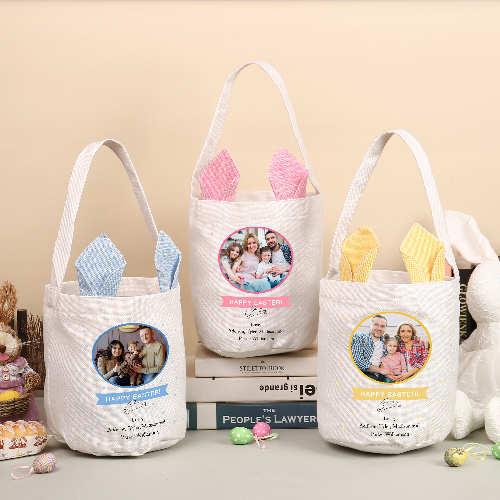 Personalized Photo Easter Tote Bag – Custom Name Bunny Bag – Reusable Linen Basket for Kids – Easter Egg Hunt Bag – Available in 3 Colors