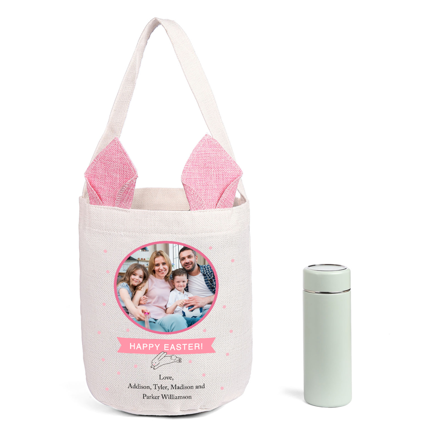 Personalized Photo Easter Tote Bag – Custom Name Bunny Bag – Reusable Linen Basket for Kids – Easter Egg Hunt Bag – Available in 3 Colors