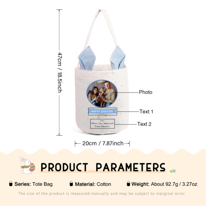 Personalized Photo Easter Tote Bag – Custom Name Bunny Bag – Reusable Linen Basket for Kids – Easter Egg Hunt Bag – Available in 3 Colors