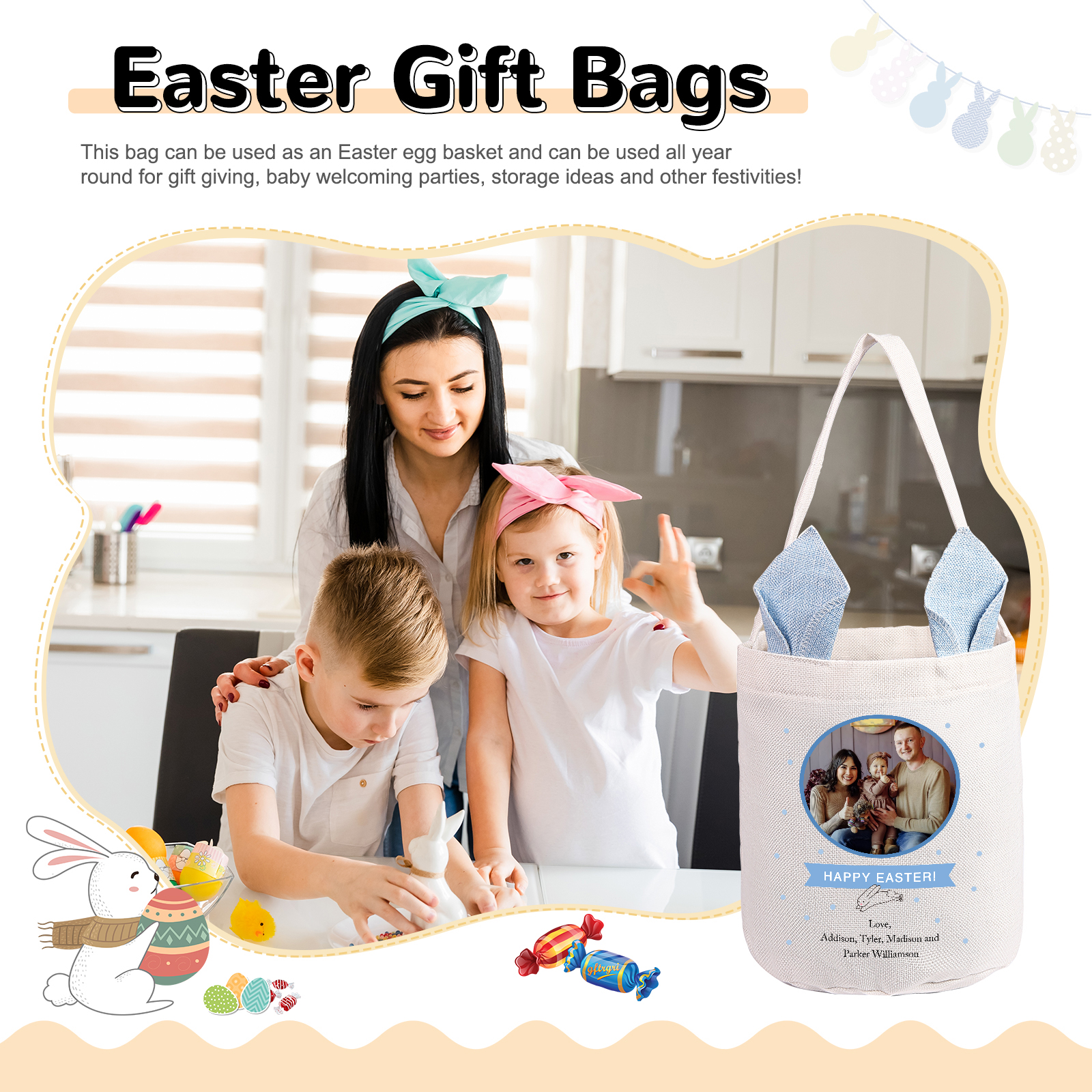 Personalized Photo Easter Tote Bag – Custom Name Bunny Bag – Reusable Linen Basket for Kids – Easter Egg Hunt Bag – Available in 3 Colors
