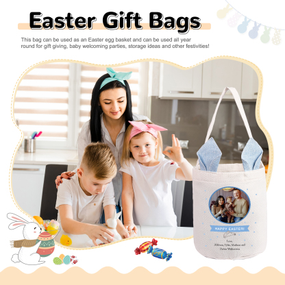 Personalized Photo Easter Tote Bag – Custom Name Bunny Bag – Reusable Linen Basket for Kids – Easter Egg Hunt Bag – Available in 3 Colors
