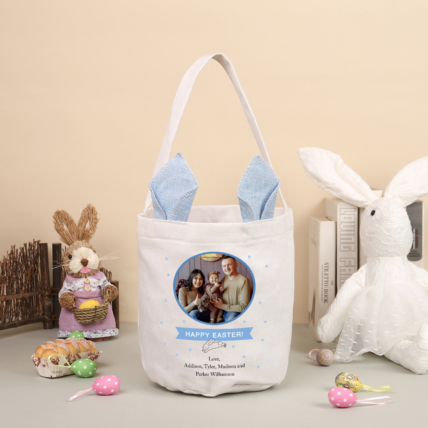 Personalized Photo Easter Tote Bag – Custom Name Bunny Bag – Reusable Linen Basket for Kids – Easter Egg Hunt Bag – Available in 3 Colors