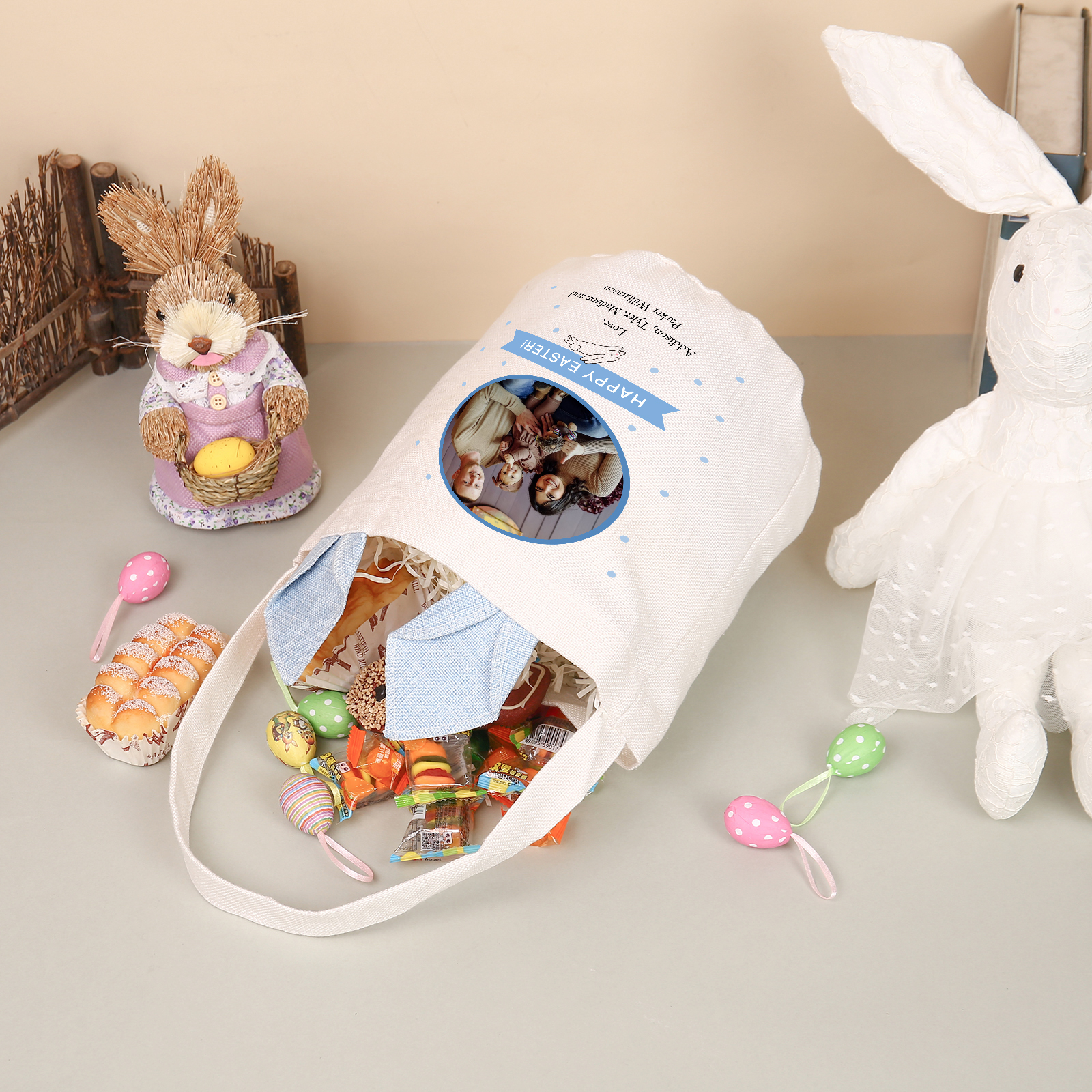 Personalized Photo Easter Tote Bag – Custom Name Bunny Bag – Reusable Linen Basket for Kids – Easter Egg Hunt Bag – Available in 3 Colors