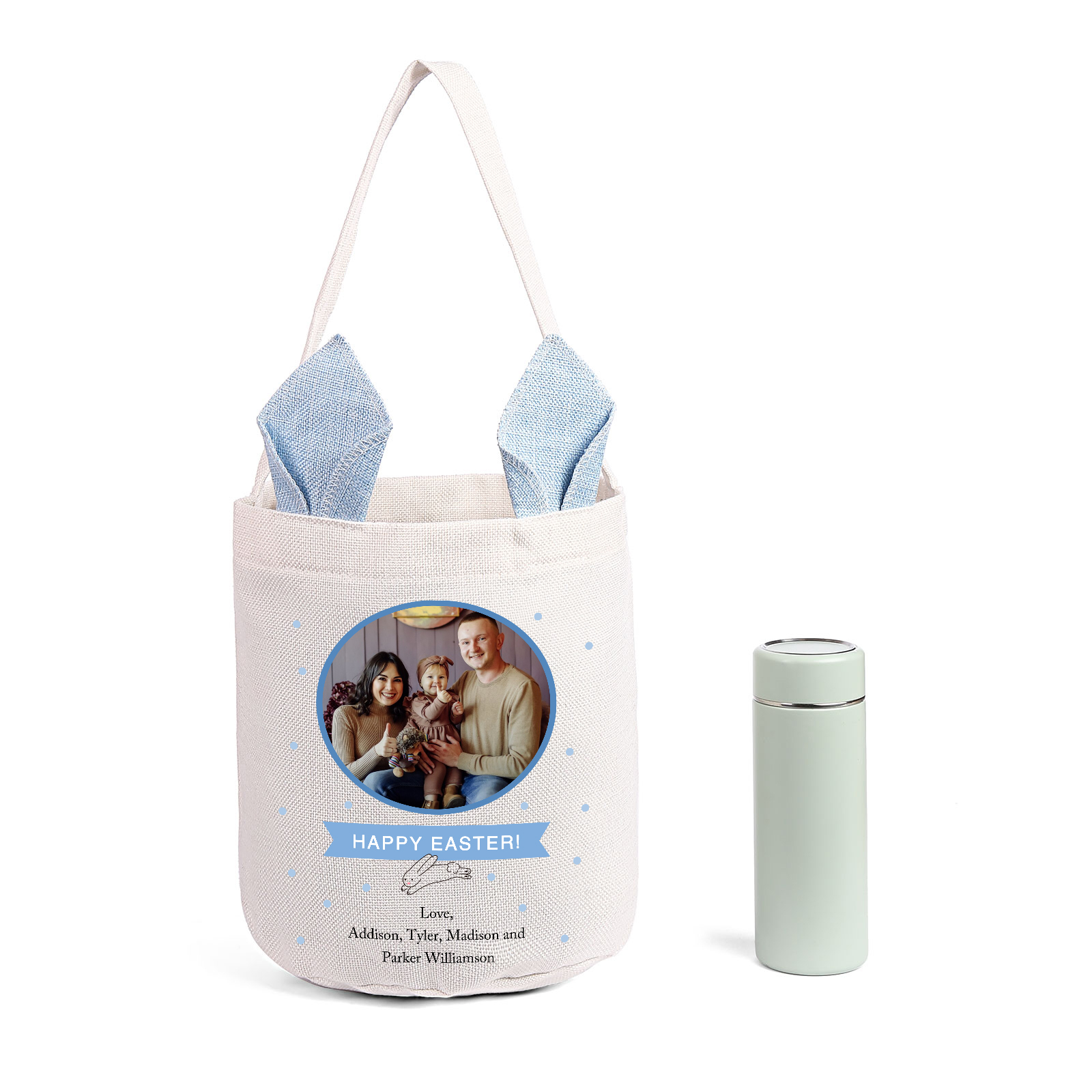 Personalized Photo Easter Tote Bag – Custom Name Bunny Bag – Reusable Linen Basket for Kids – Easter Egg Hunt Bag – Available in 3 Colors