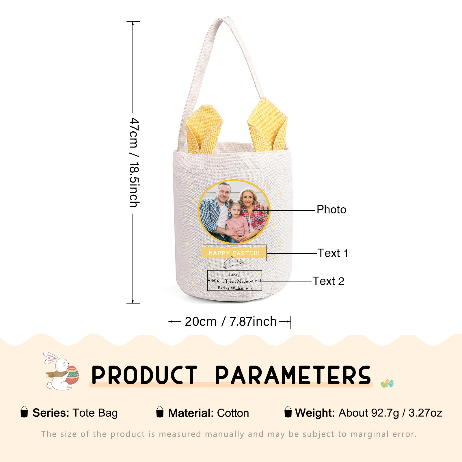 Personalized Photo Easter Tote Bag – Custom Name Bunny Bag – Reusable Linen Basket for Kids – Easter Egg Hunt Bag – Available in 3 Colors