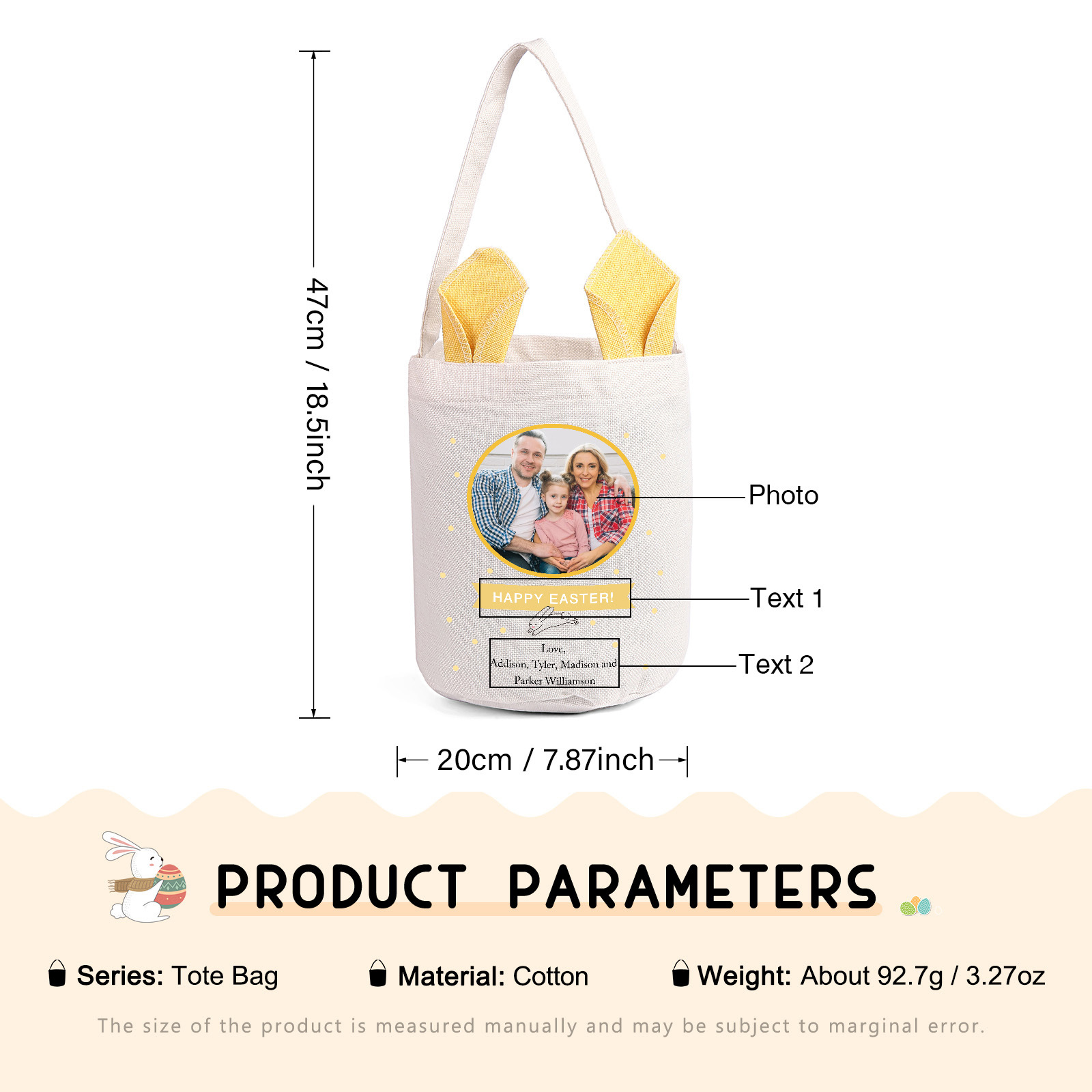 Personalized Photo Easter Tote Bag – Custom Name Bunny Bag – Reusable Linen Basket for Kids – Easter Egg Hunt Bag – Available in 3 Colors