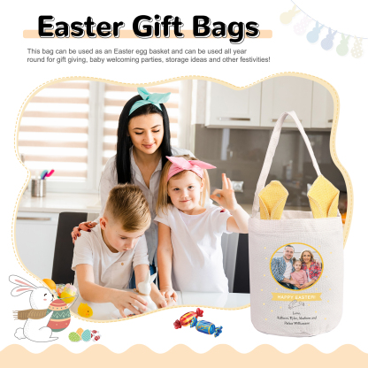 Personalized Photo Easter Tote Bag – Custom Name Bunny Bag – Reusable Linen Basket for Kids – Easter Egg Hunt Bag – Available in 3 Colors
