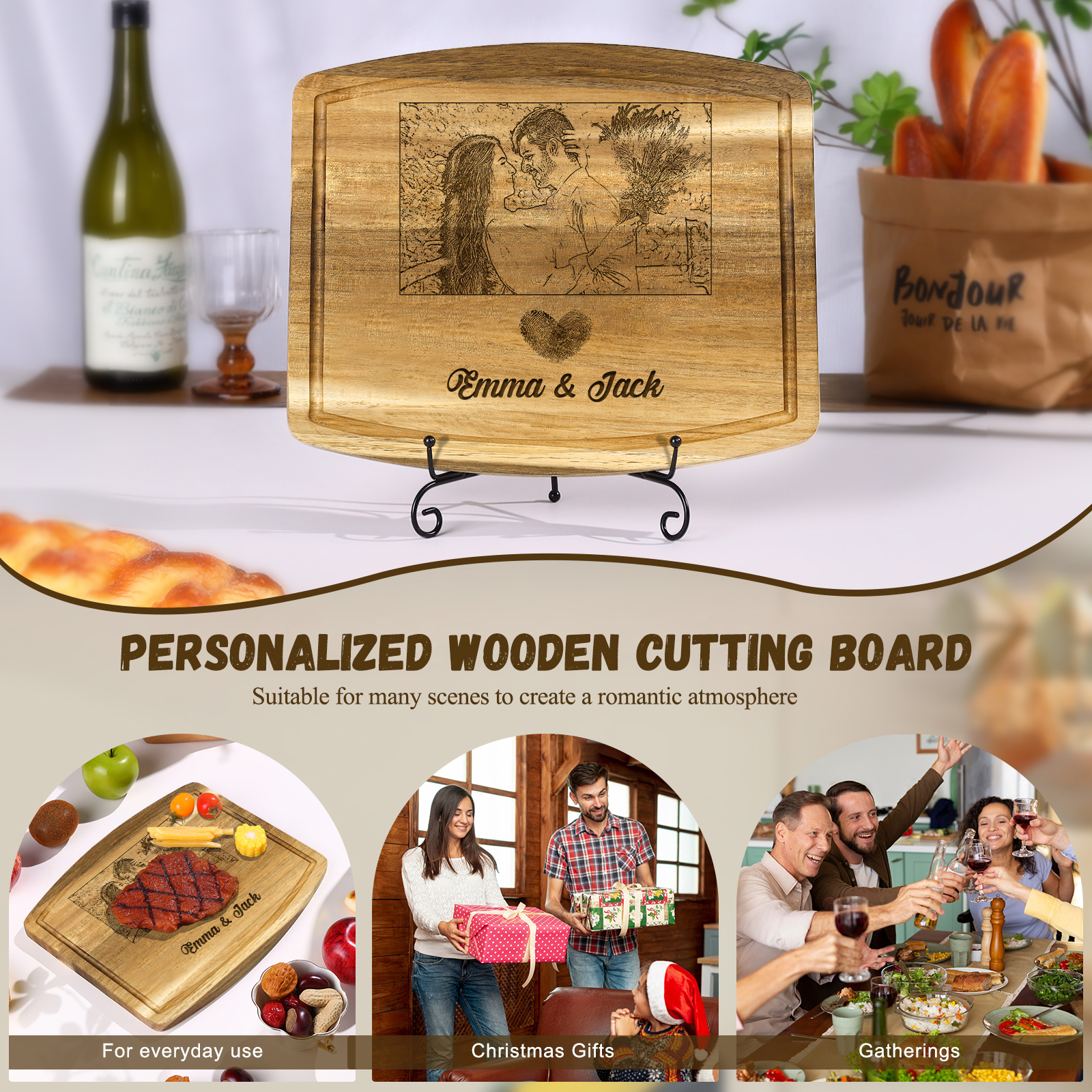 Wooden Cutting Board with Stand Personalised 1 Photo & 2 Names Gifts for Couple | Jessemade