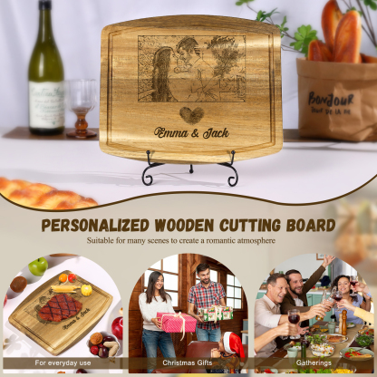 Wooden Cutting Board with Stand Personalised 1 Photo & 2 Names Gifts for Couple | Jessemade