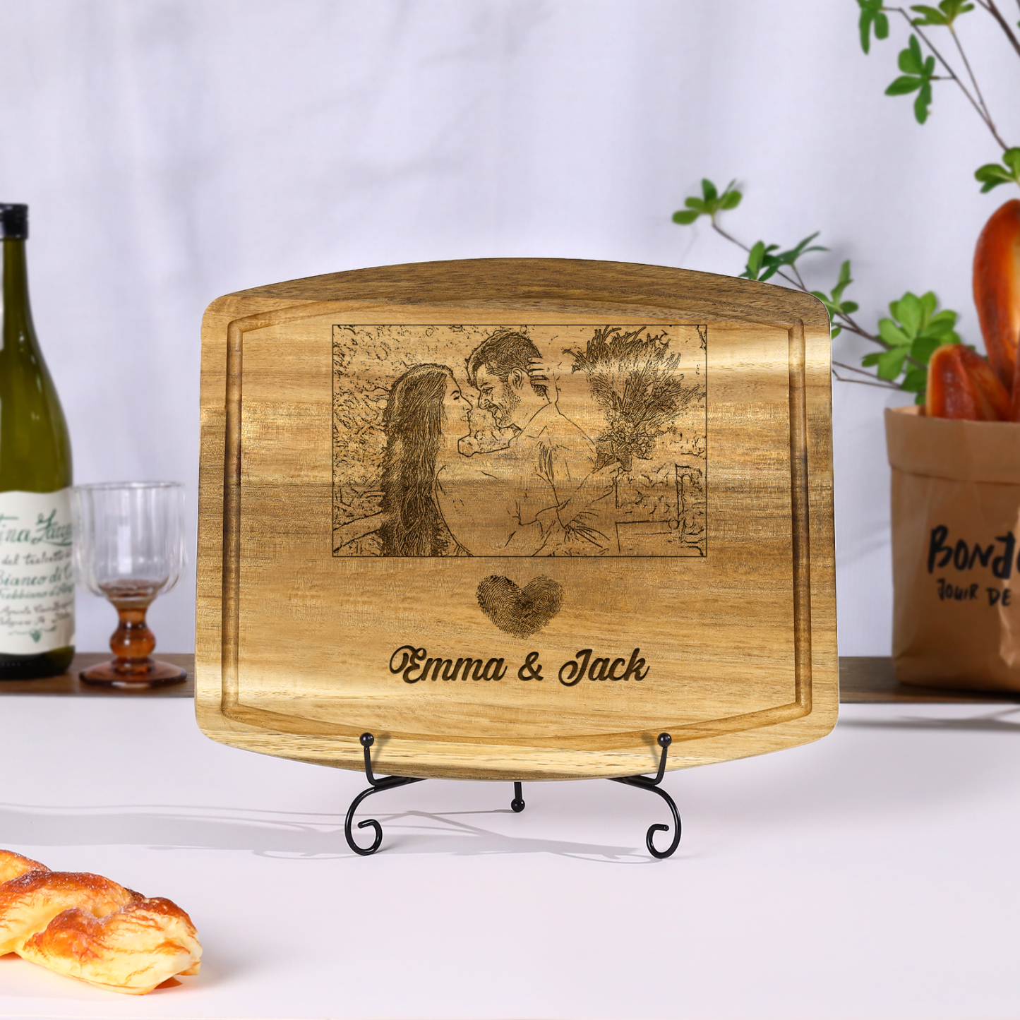 Wooden Cutting Board with Stand Personalised 1 Photo & 2 Names Gifts for Couple | Jessemade
