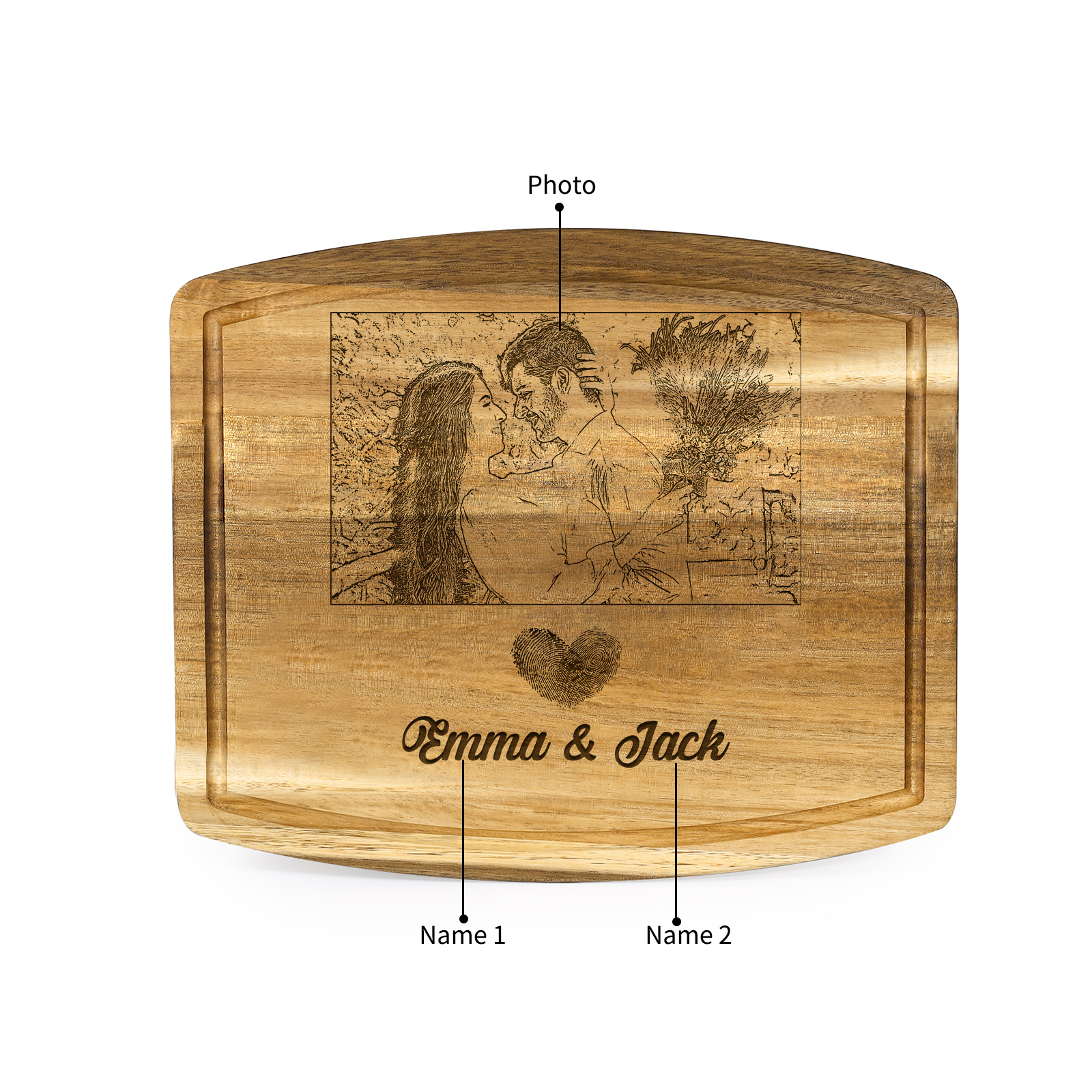 Wooden Cutting Board with Stand Personalised 1 Photo & 2 Names Gifts for Couple | Jessemade