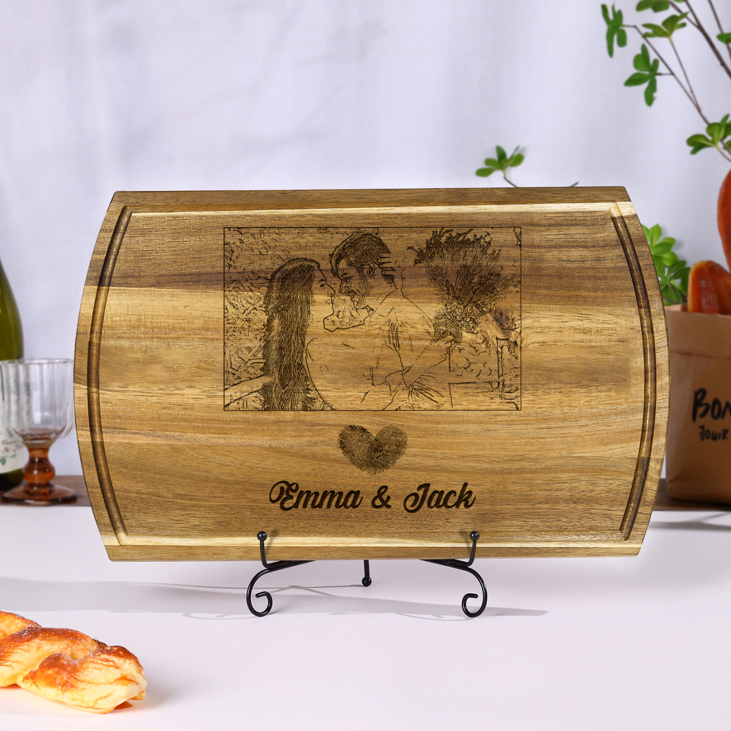 Wooden Cutting Board with Stand Personalised 1 Photo & 2 Names Gifts for Couple | Jessemade