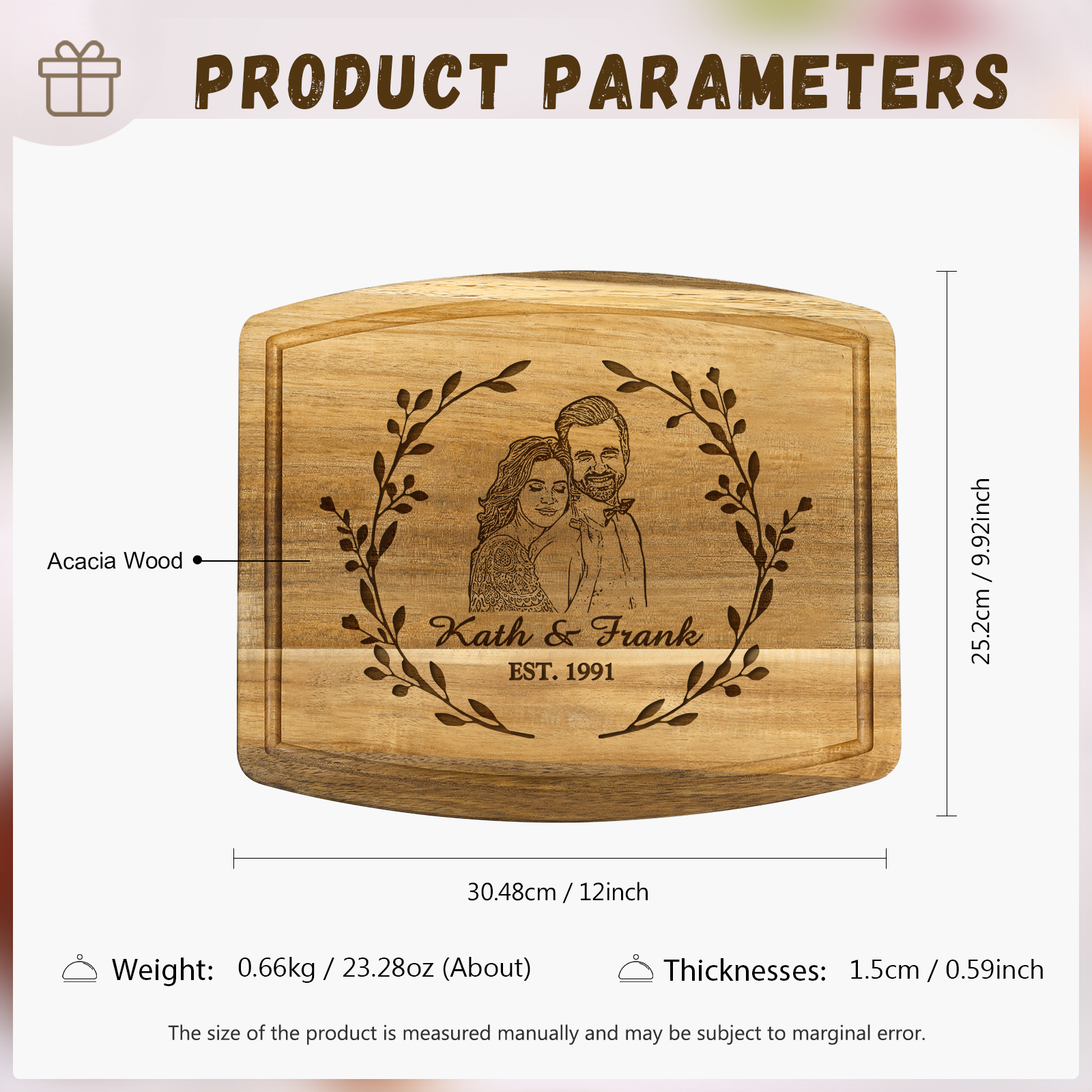 Wooden Cutting Board with Stand Personalised 1 Photo & 1 Date & 2 Names Gifts for Couple | Jessemade