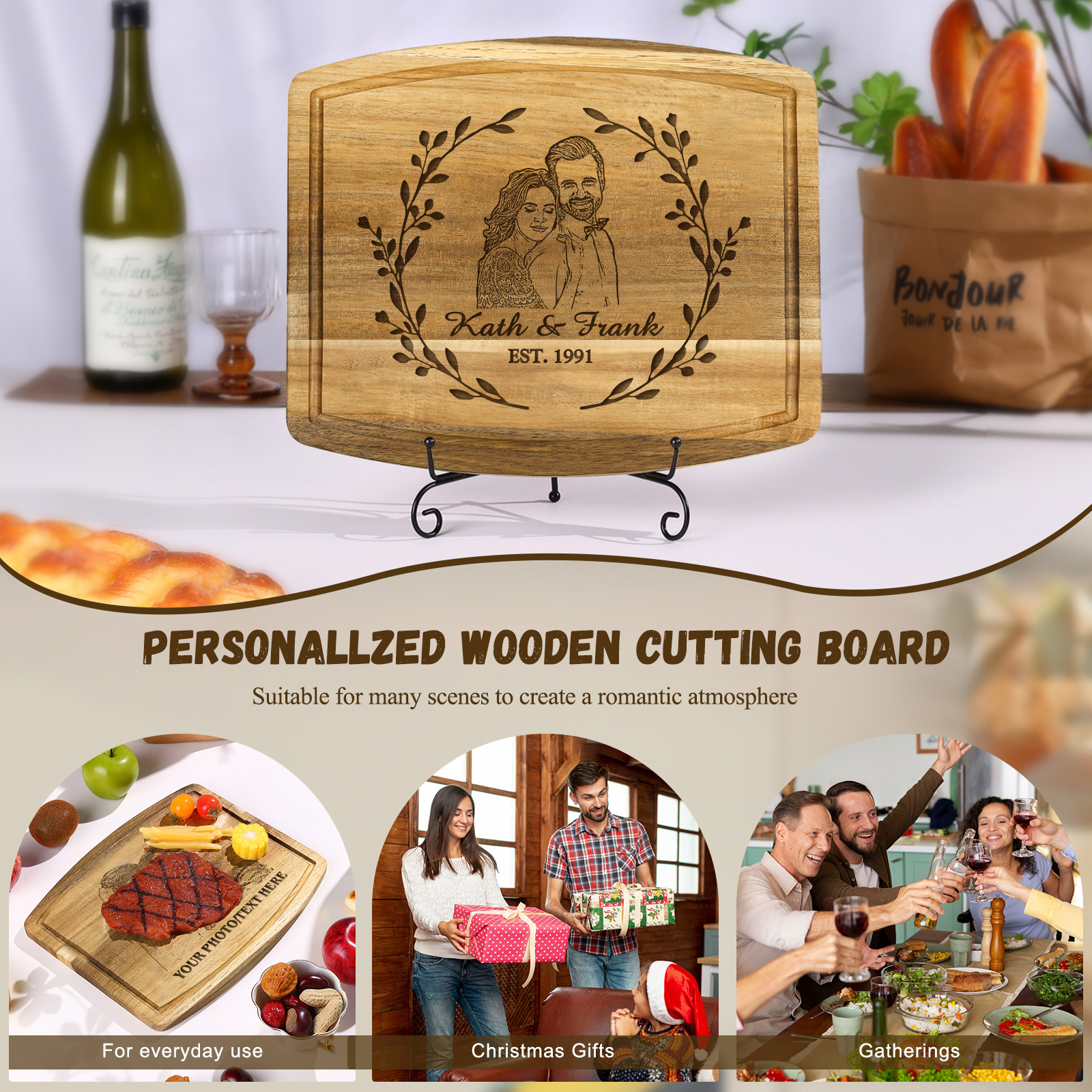 Wooden Cutting Board with Stand Personalised 1 Photo & 1 Date & 2 Names Gifts for Couple | Jessemade