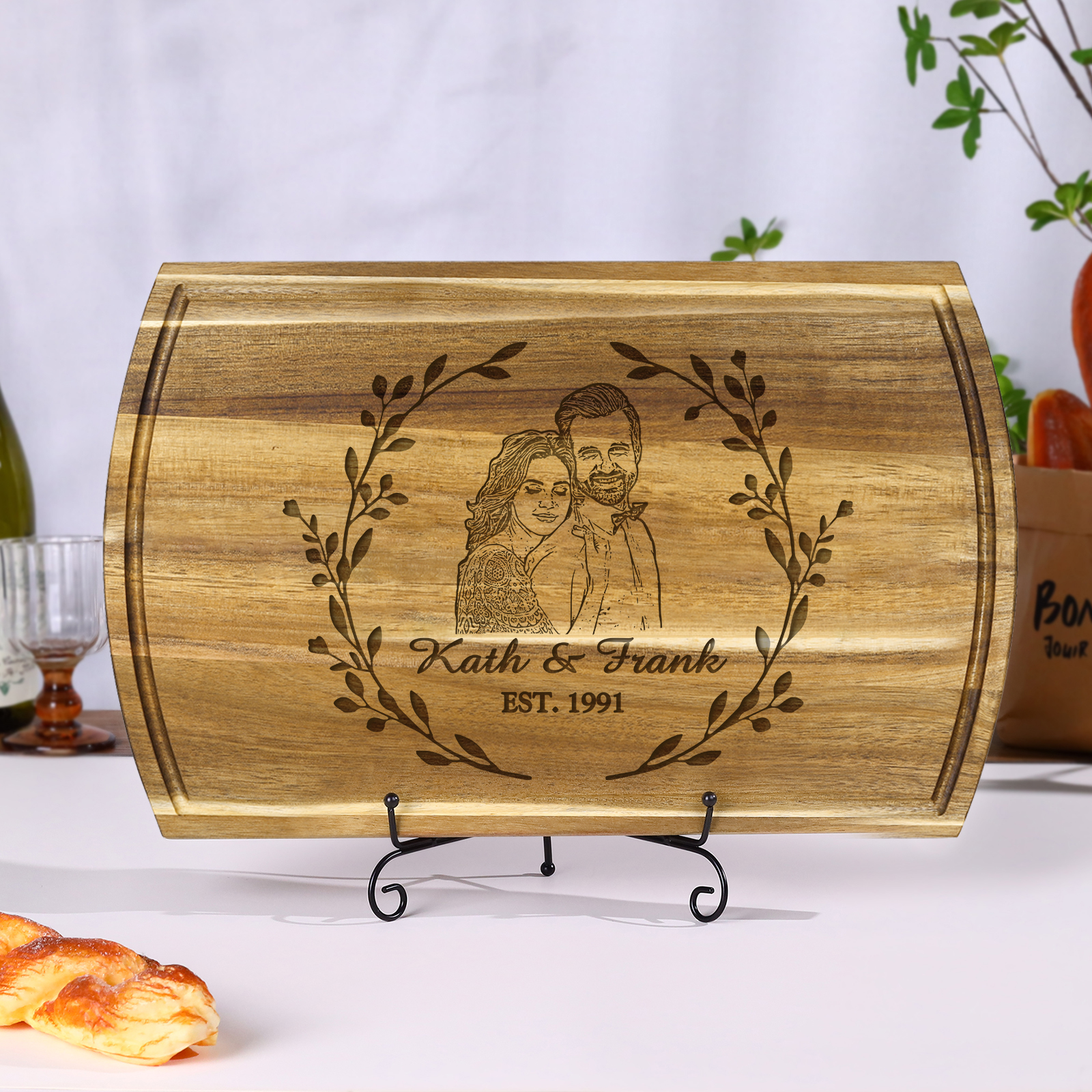 Wooden Cutting Board with Stand Personalised 1 Photo & 1 Date & 2 Names Gifts for Couple | Jessemade