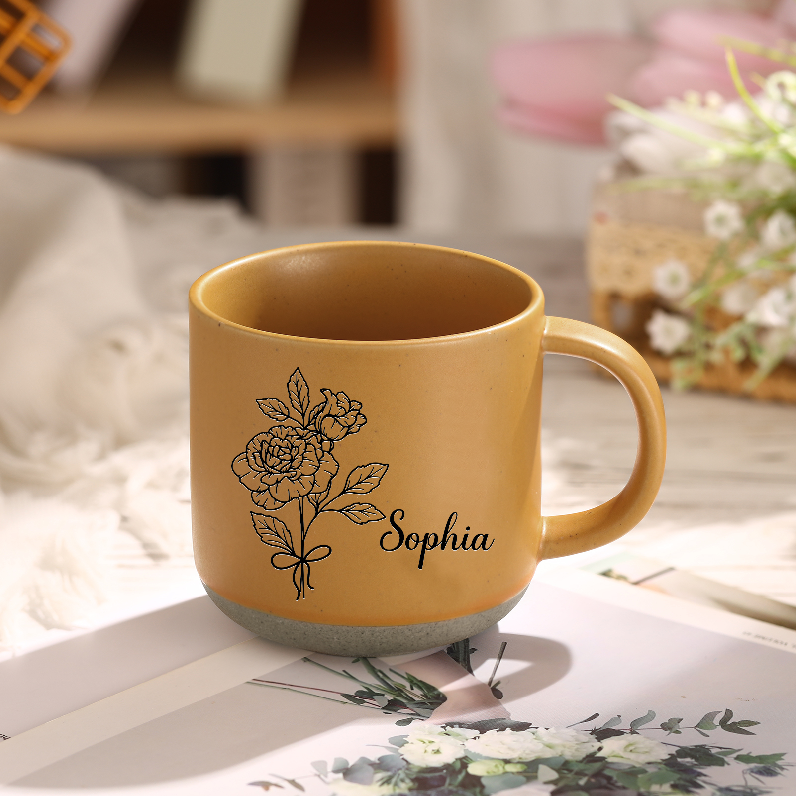 Personalized Ceramic Mug Custom Name & Birth Flower Cup Gifts for Grandma/Mother