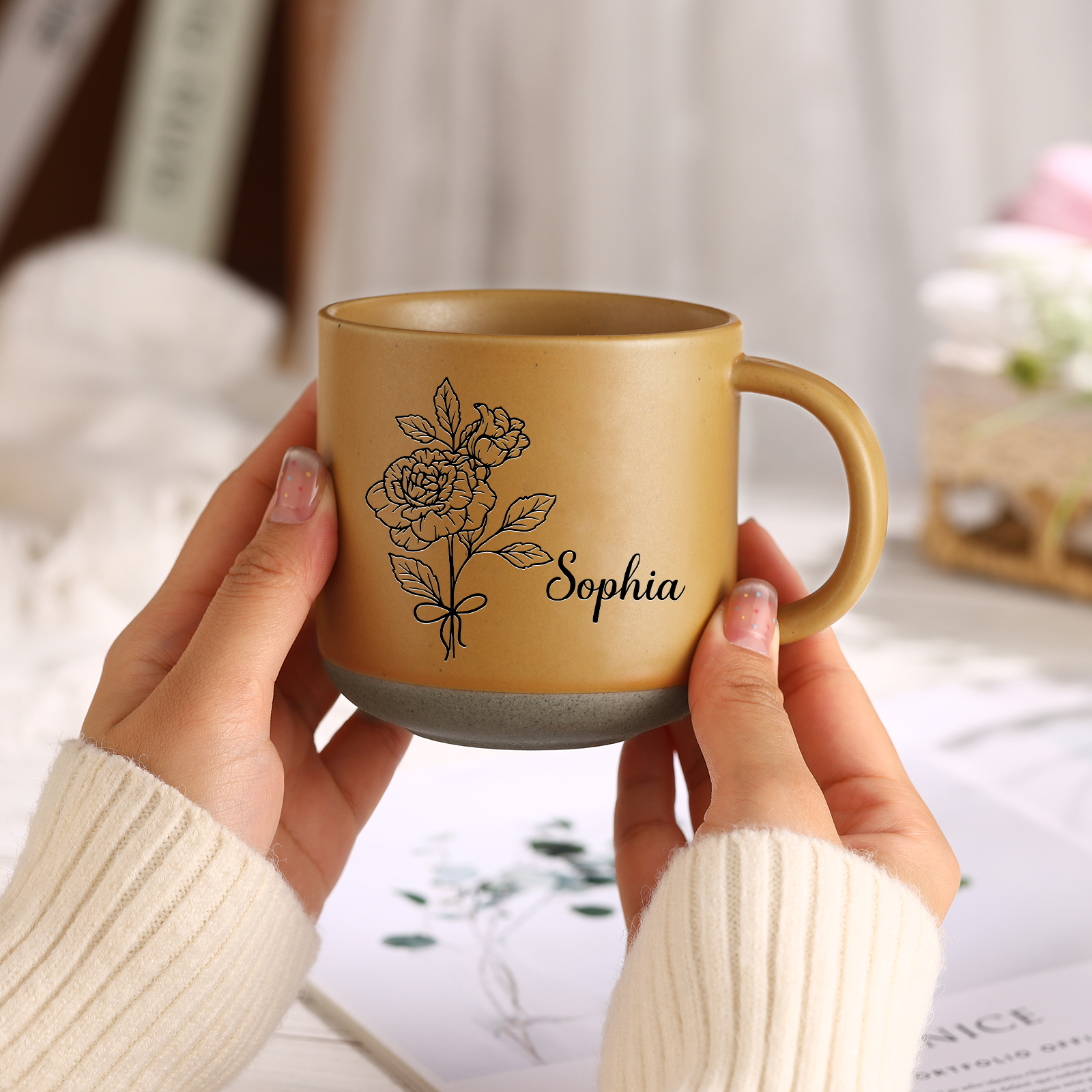 Personalized Ceramic Mug Custom Name & Birth Flower Cup Gifts for Grandma/Mother