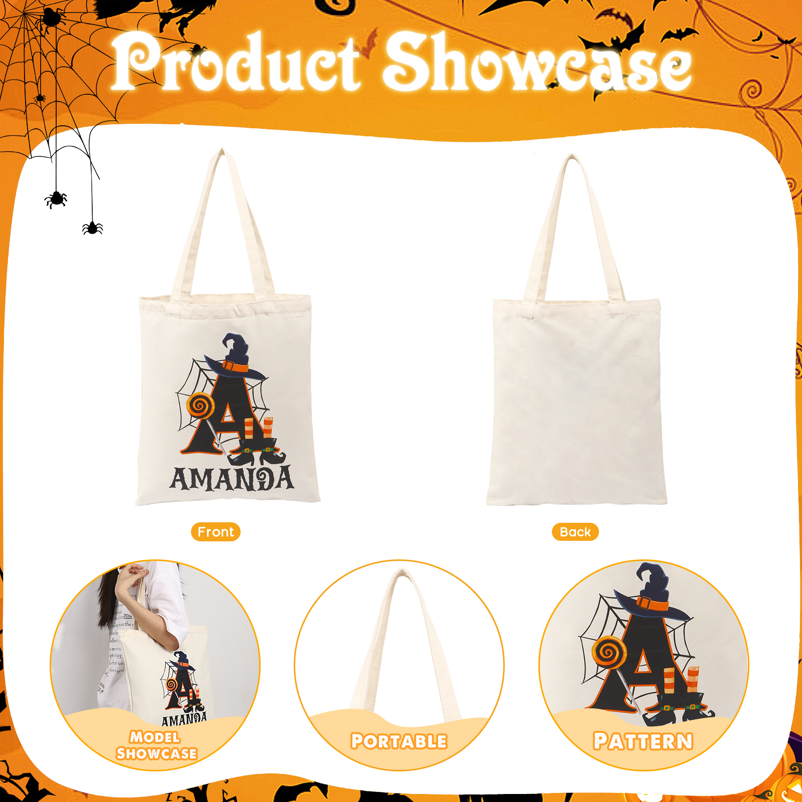 Personalised Halloween Tote Bag Custom Letter   & Name Handbag Gift for Her