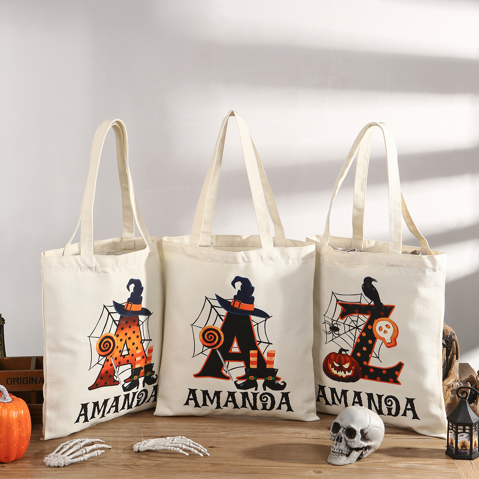 Personalised Halloween Tote Bag Custom Letter   & Name Handbag Gift for Her