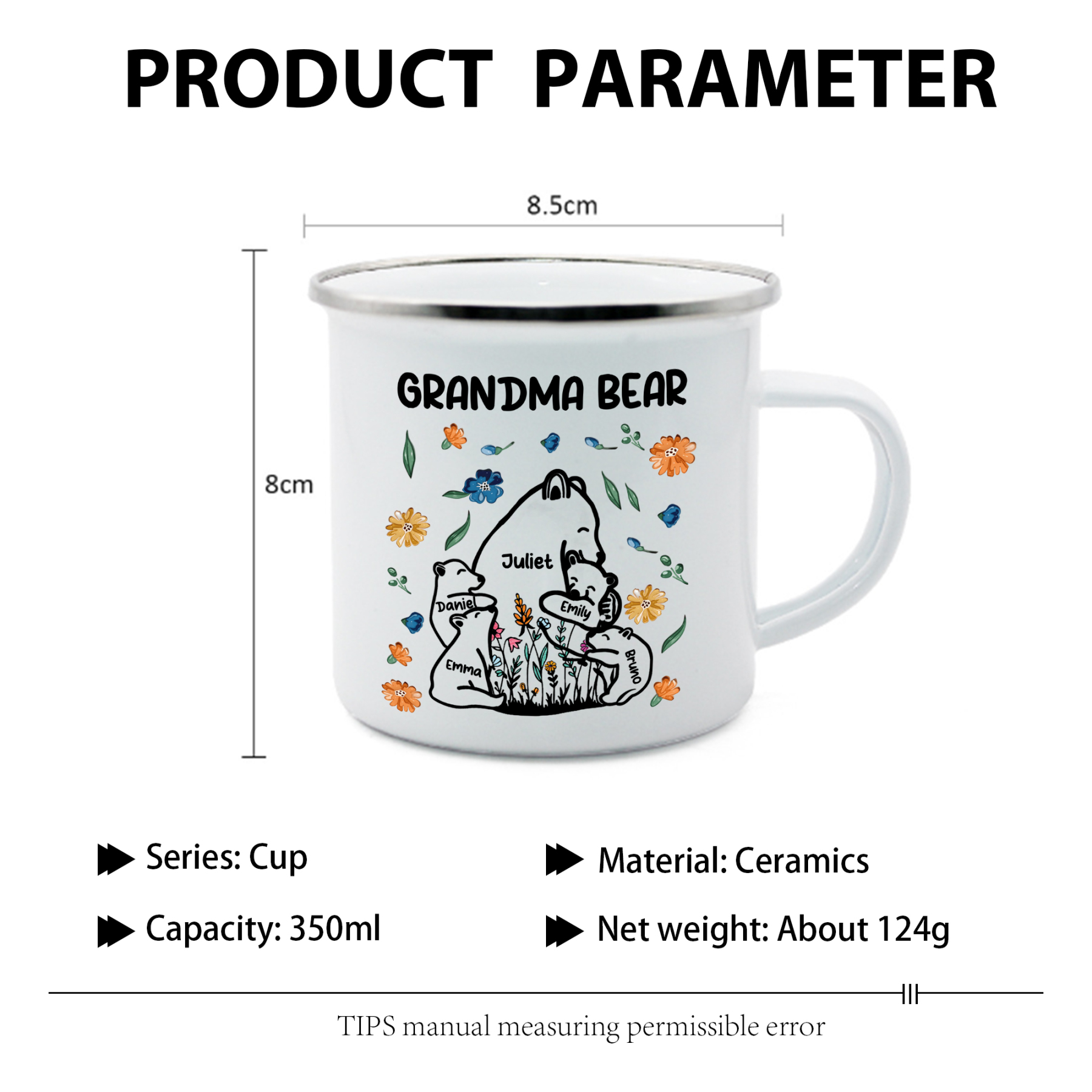 Personalized Enamel Mug Custom 2-11 Names & 1 Text Bear Family Gifts for Grandma/Mom