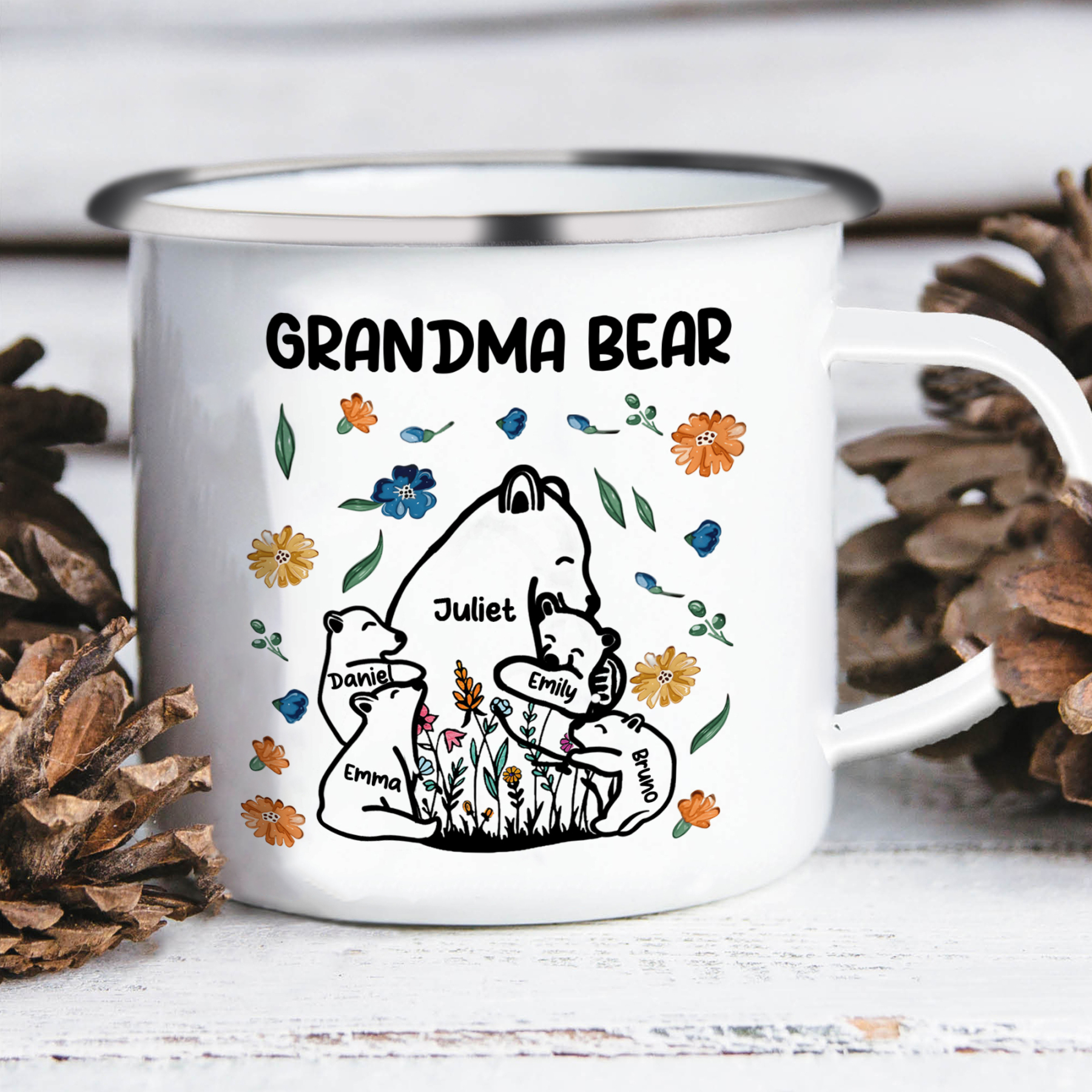 Personalized Enamel Mug Custom 2-11 Names & 1 Text Bear Family Gifts for Grandma/Mom