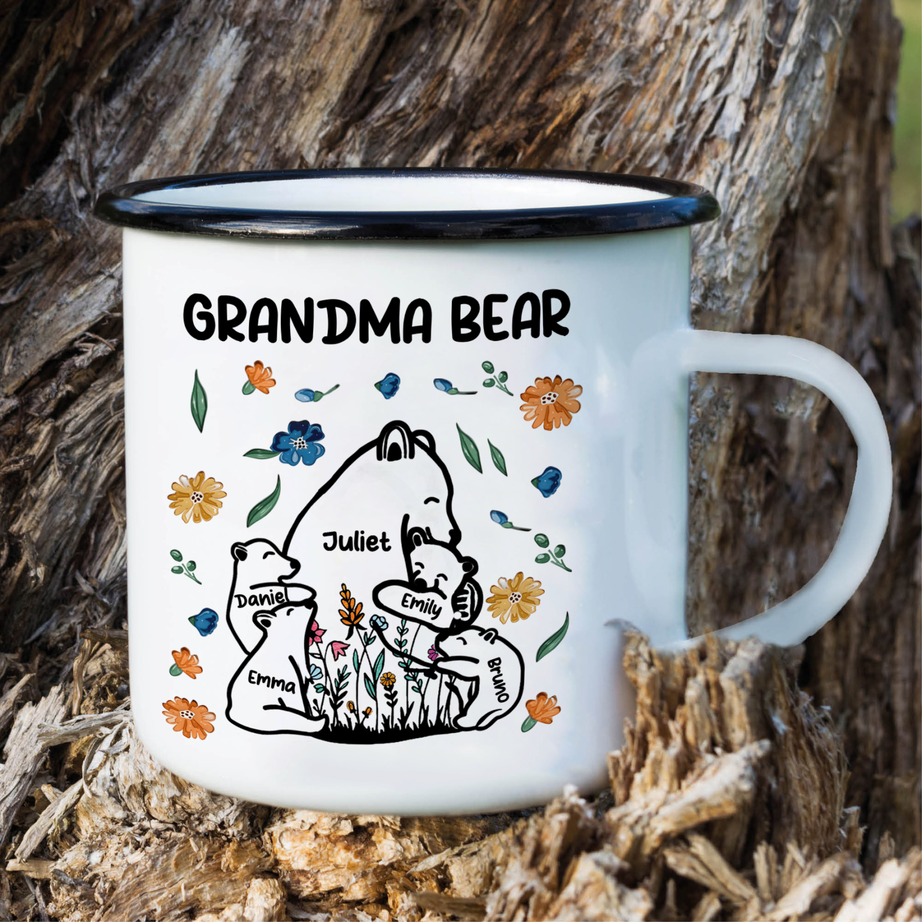 Personalized Enamel Mug Custom 2-11 Names & 1 Text Bear Family Gifts for Grandma/Mom