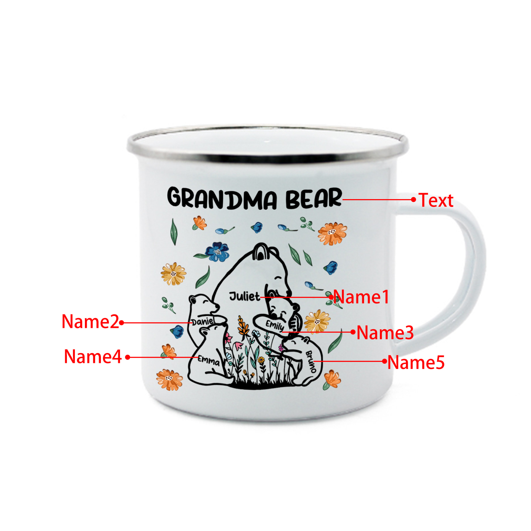 Personalized Enamel Mug Custom 2-11 Names & 1 Text Bear Family Gifts for Grandma/Mom