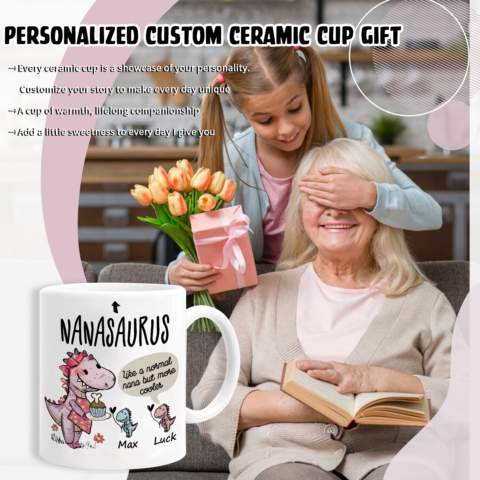 Personalized Ceramic Mug Custom 2 Names Dinosaur Cup Gifts for Papa/Nana - Like A Normal Papa/Nana But More Cooler