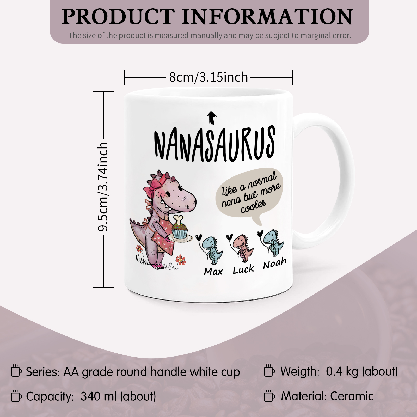 Personalized Ceramic Mug Custom 3 Names Dinosaur Cup Gifts for Papa/Nana - Like A Normal Papa/Nana But More Cooler