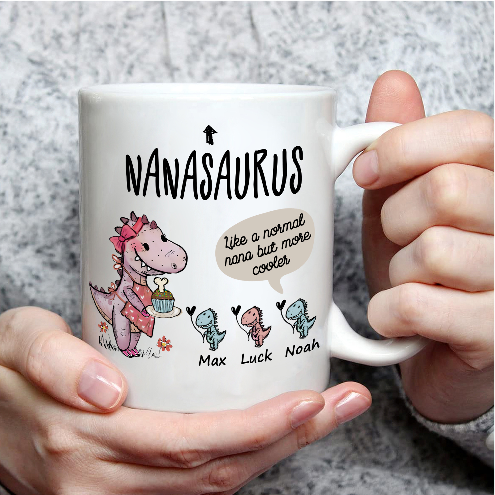 Personalized Ceramic Mug Custom 3 Names Dinosaur Cup Gifts for Papa/Nana - Like A Normal Papa/Nana But More Cooler