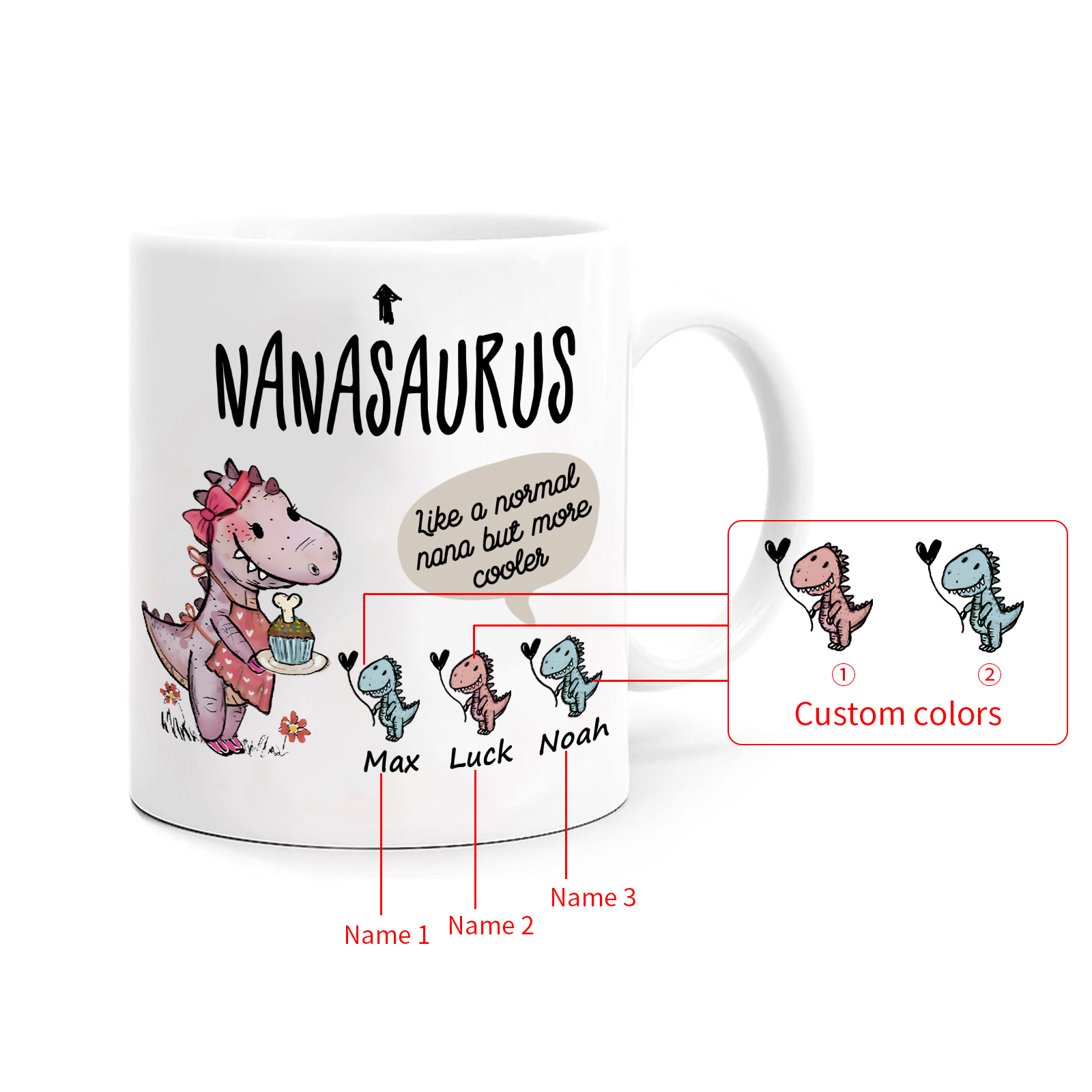 Personalized Ceramic Mug Custom 3 Names Dinosaur Cup Gifts for Papa/Nana - Like A Normal Papa/Nana But More Cooler
