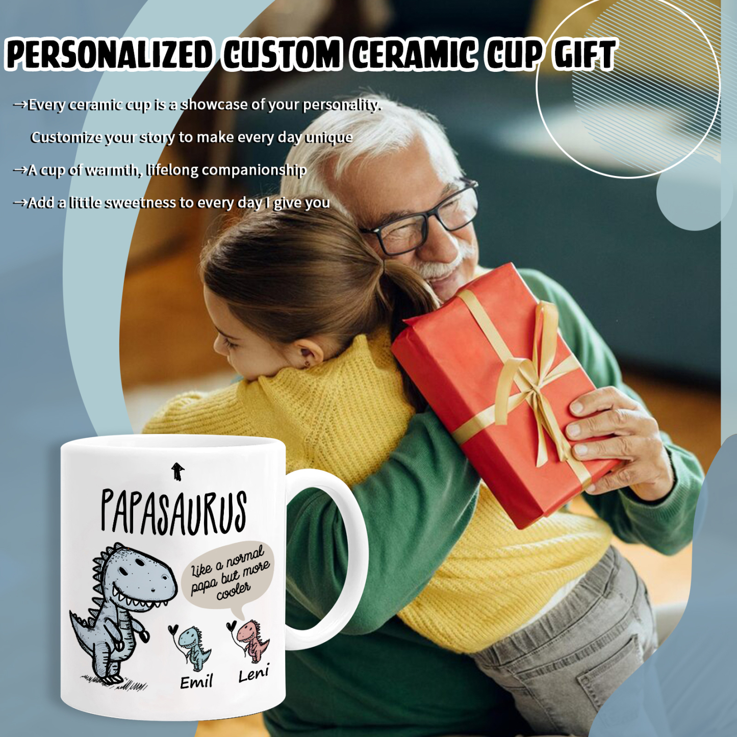 Personalized Ceramic Mug Custom 2 Names Dinosaur Cup Gifts for Papa/Nana - Like A Normal Papa/Nana But More Cooler
