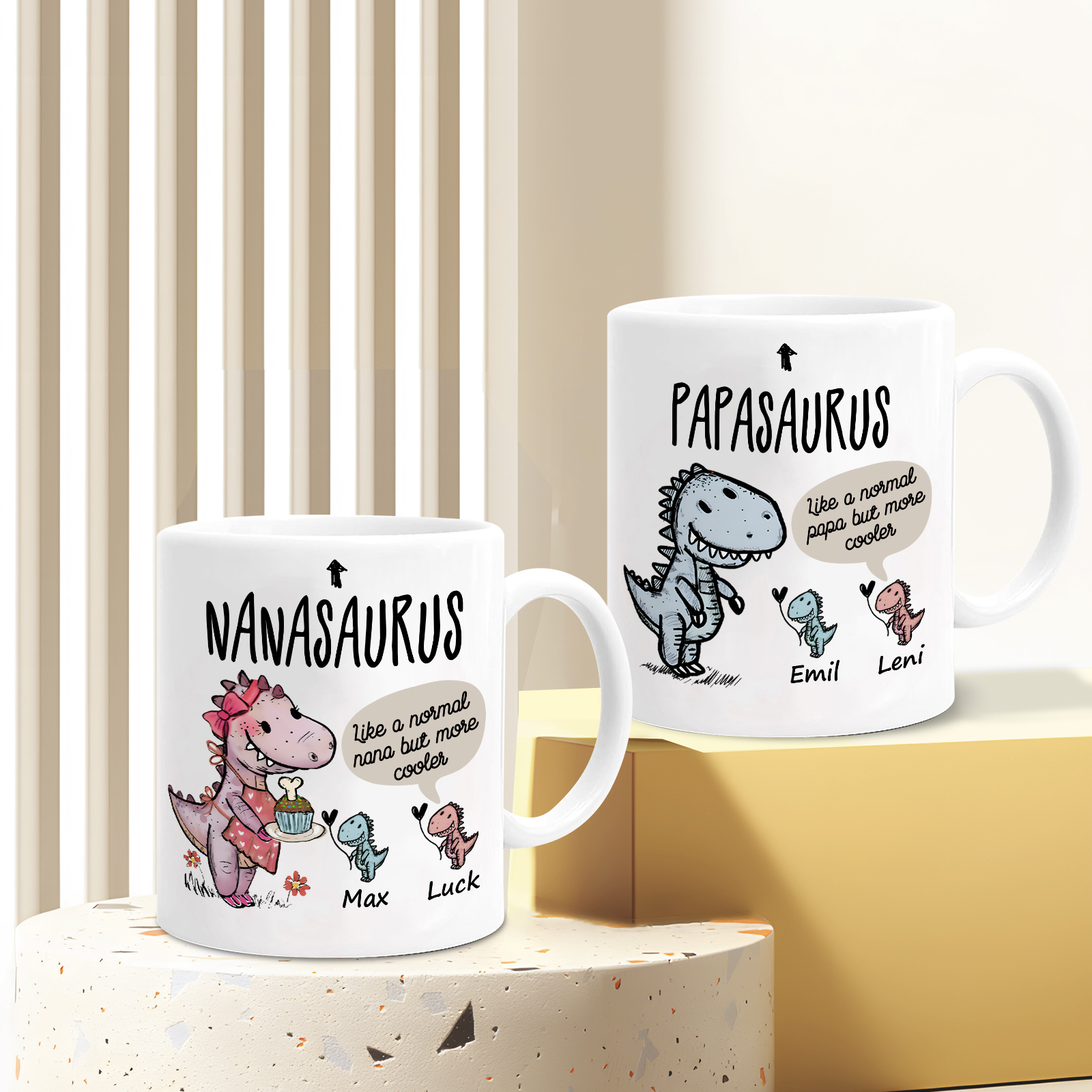 Personalized Ceramic Mug Custom 2 Names Dinosaur Cup Gifts for Papa/Nana - Like A Normal Papa/Nana But More Cooler