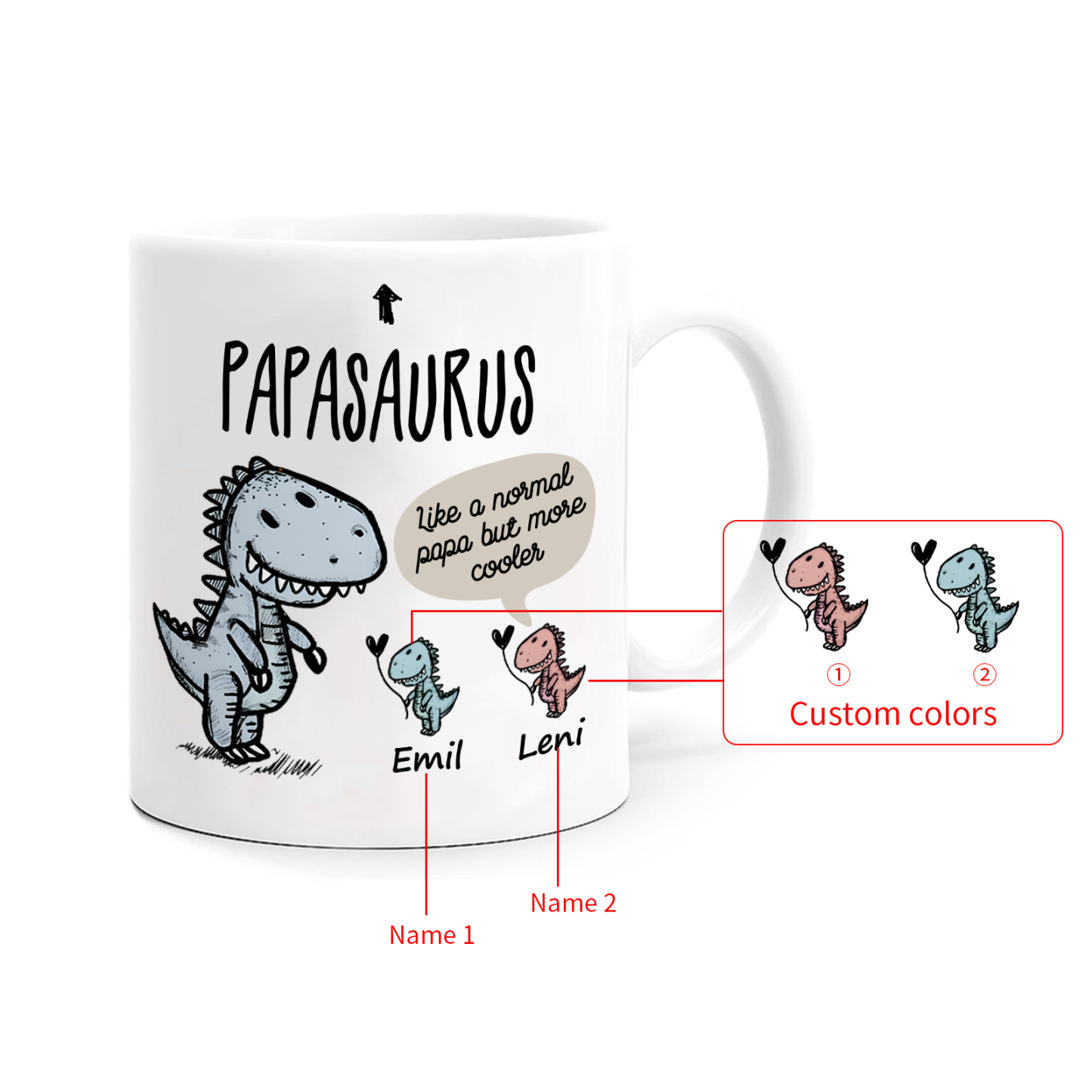 Personalized Ceramic Mug Custom 2 Names Dinosaur Cup Gifts for Papa/Nana - Like A Normal Papa/Nana But More Cooler