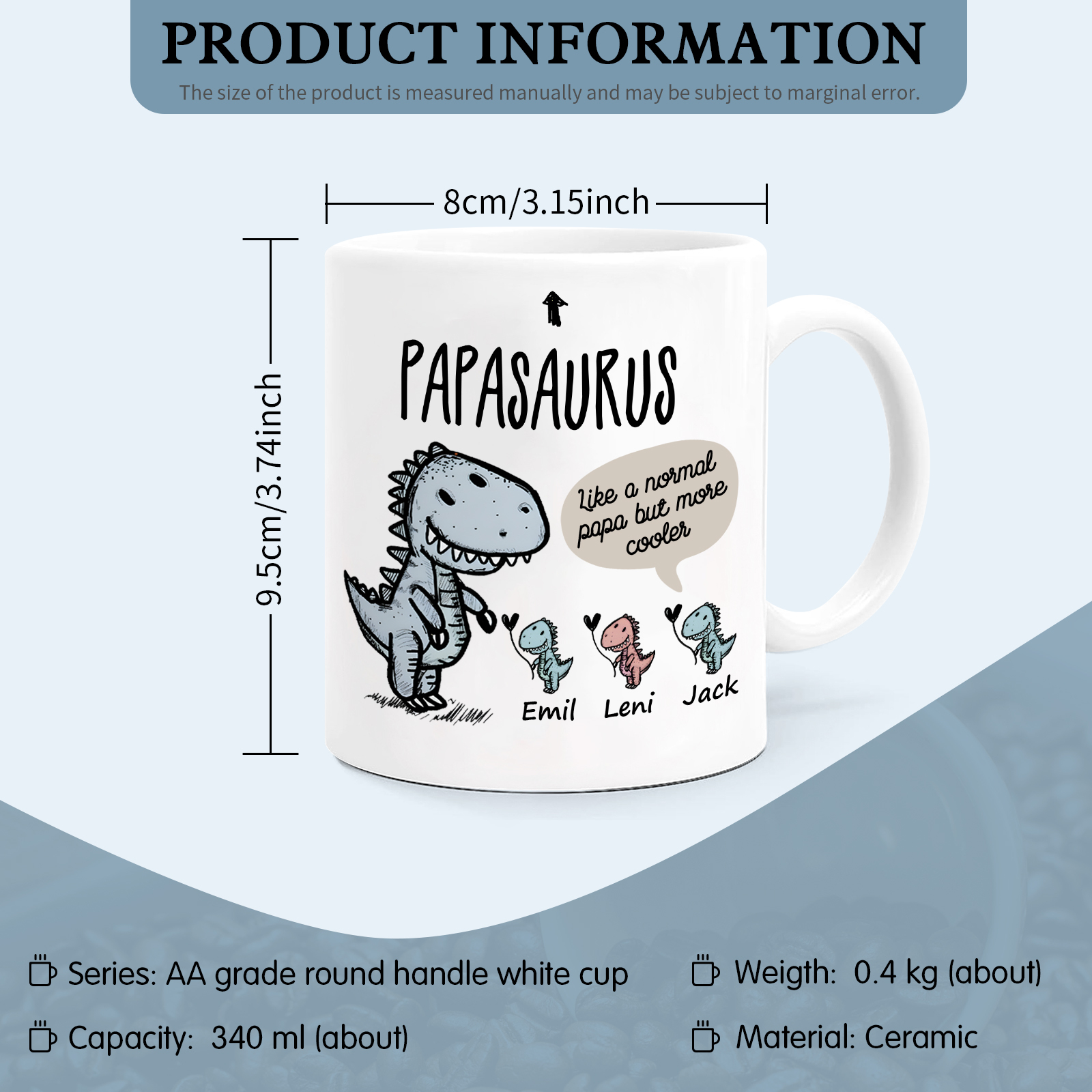 Personalized Ceramic Mug Custom 3 Names Dinosaur Cup Gifts for Papa/Nana - Like A Normal Papa/Nana But More Cooler