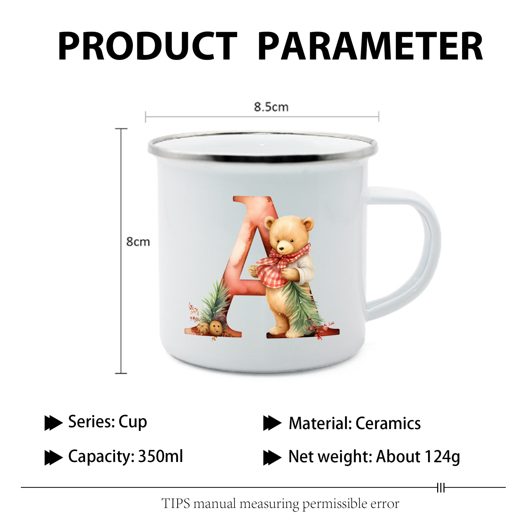 Personalized Enamel Mug Custom Letter Christmas Teddy Bear Cup Gift for Kids