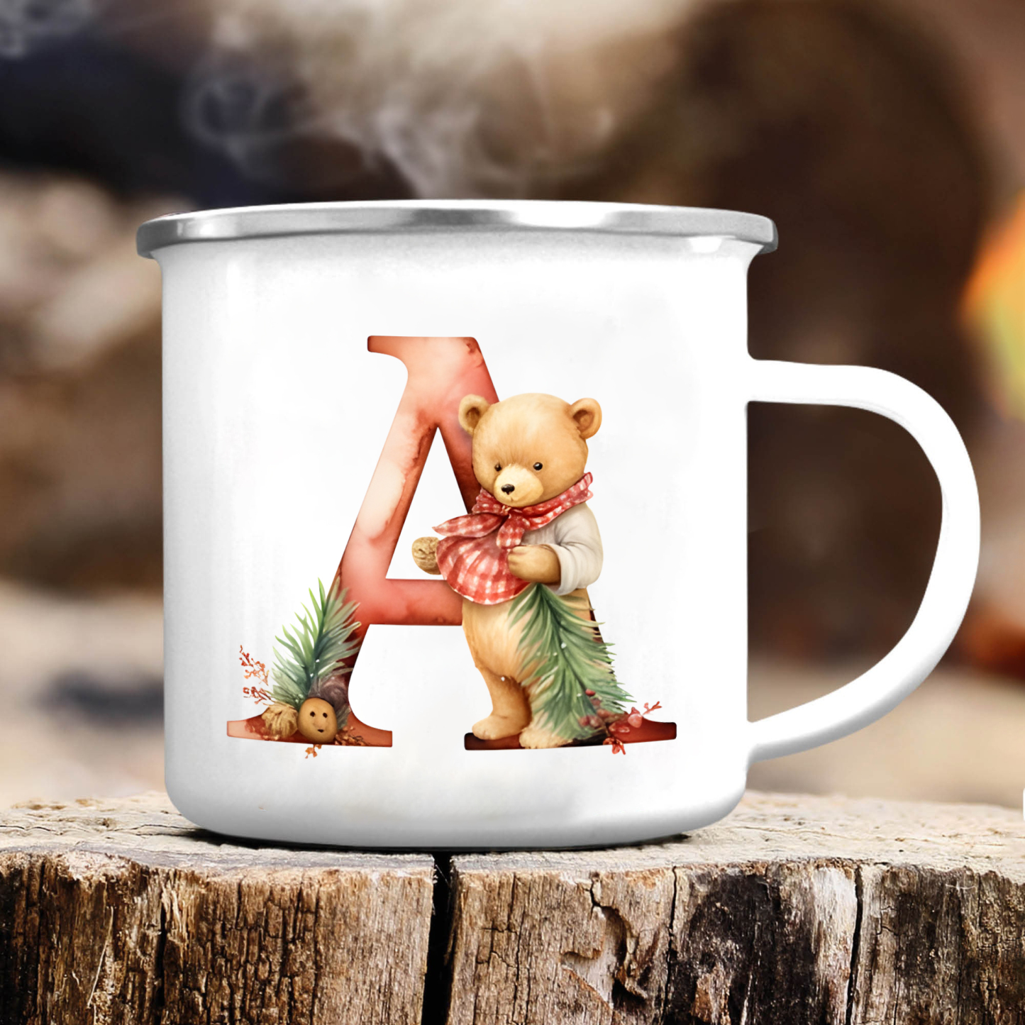 Personalized Enamel Mug Custom Letter Christmas Teddy Bear Cup Gift for Kids